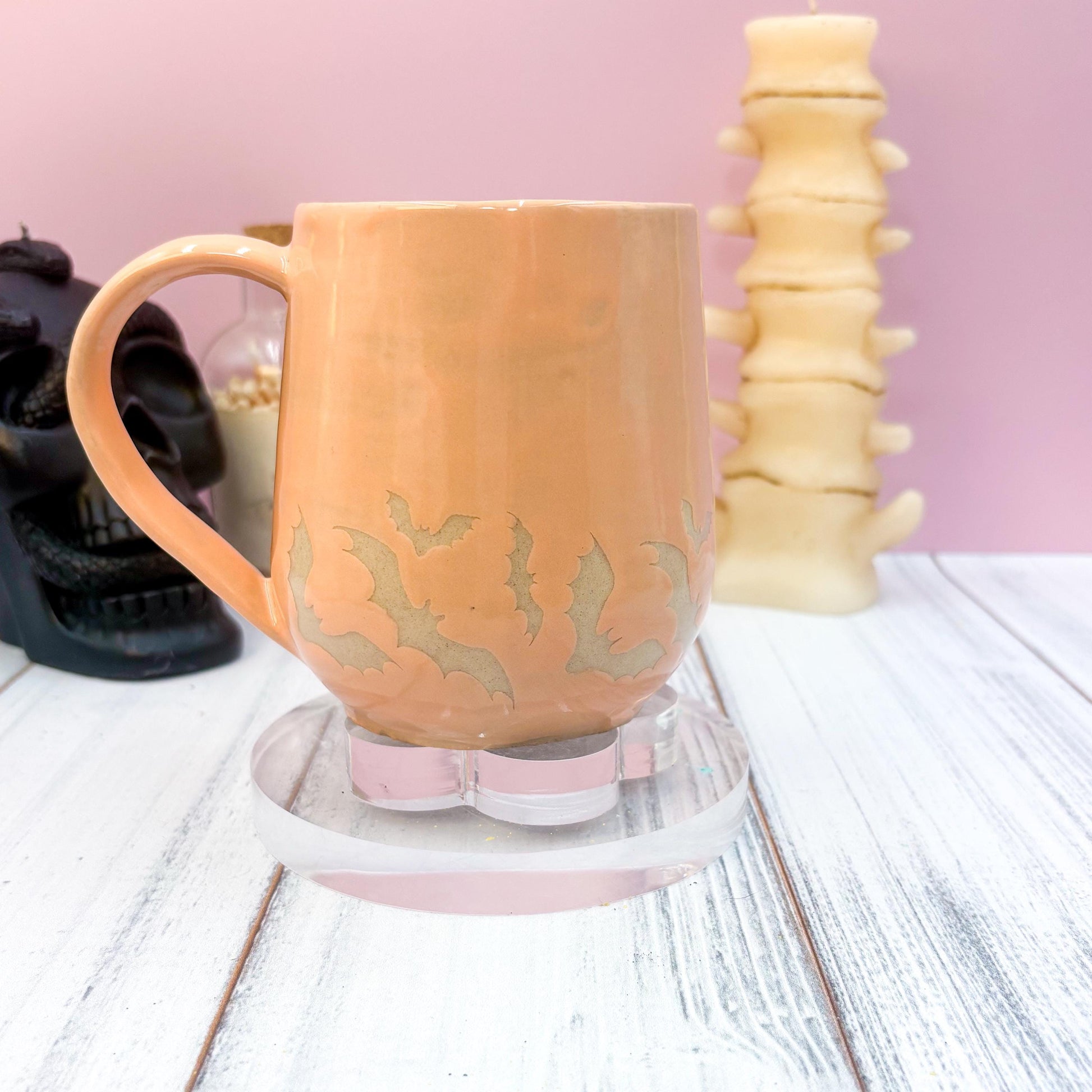 Peach Bat Ceramic Mug, Autumn Gift For Her, Retro Fall Mug, Halloween Gift, Spooky Mug Handmade, Cute Autumn Mugs, Fall Gift Mom