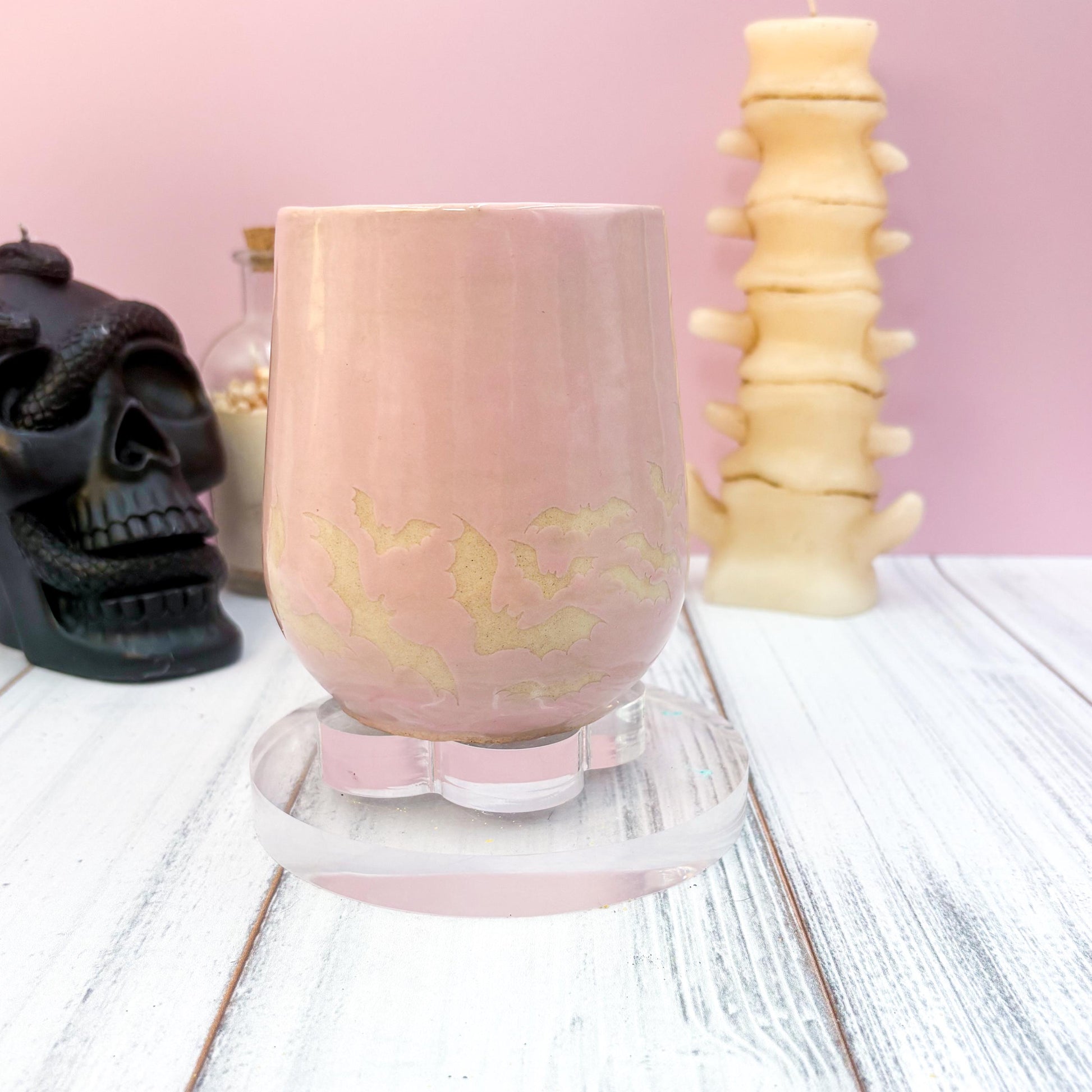 Pink Bat Ceramic Mug, Autumn Gift For Her, Retro Fall Mug, Halloween Gift, Spooky Mug Handmade, Cute Autumn Mugs, Fall Gift Mom