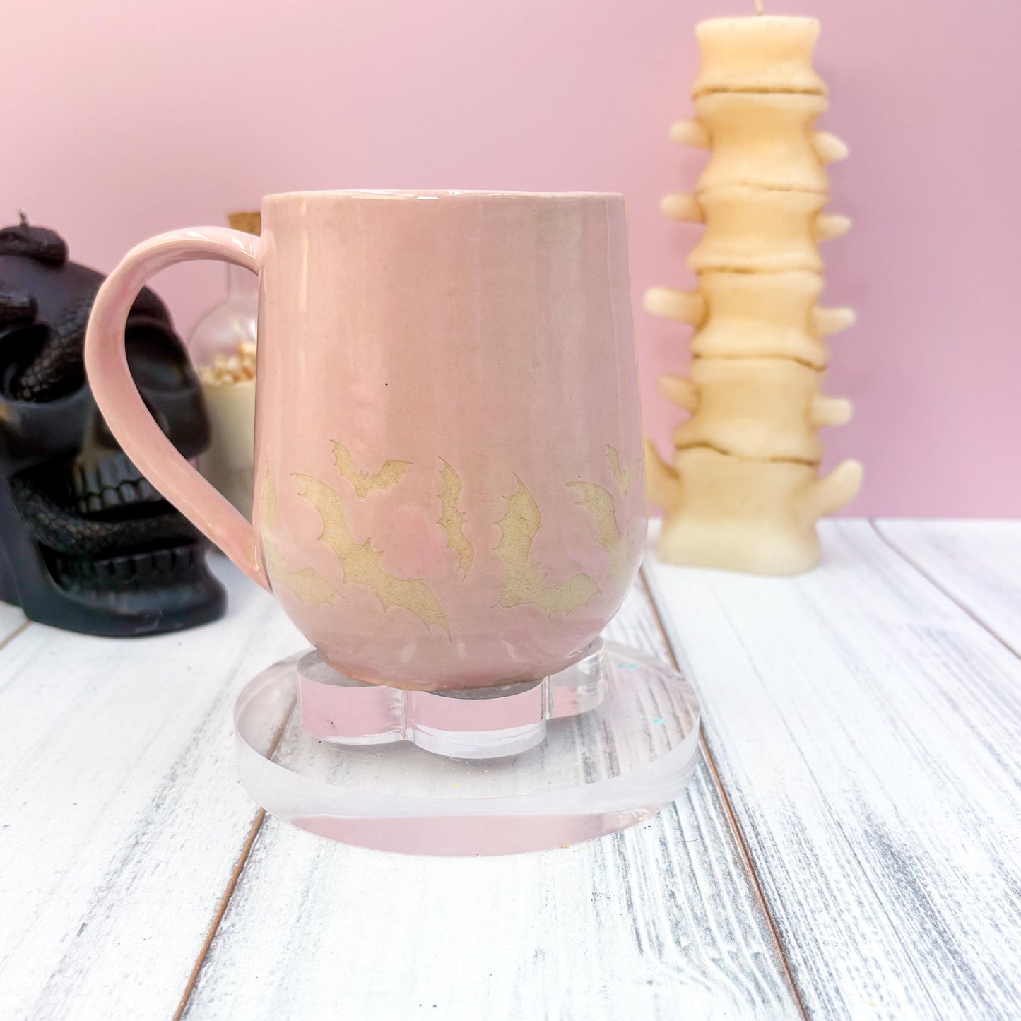 Pink Bat Ceramic Mug, Autumn Gift For Her, Retro Fall Mug, Halloween Gift, Spooky Mug Handmade, Cute Autumn Mugs, Fall Gift Mom