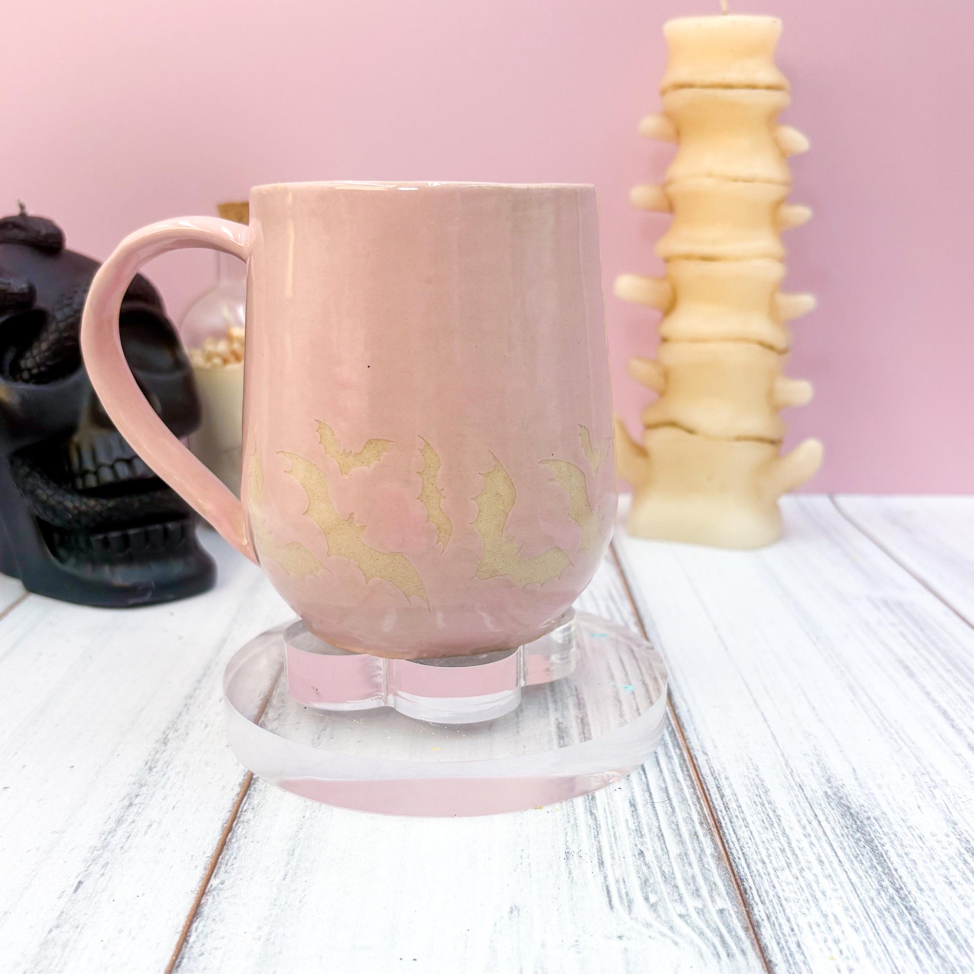 Pink Bat Ceramic Mug, Autumn Gift For Her, Retro Fall Mug, Halloween Gift, Spooky Mug Handmade, Cute Autumn Mugs, Fall Gift Mom