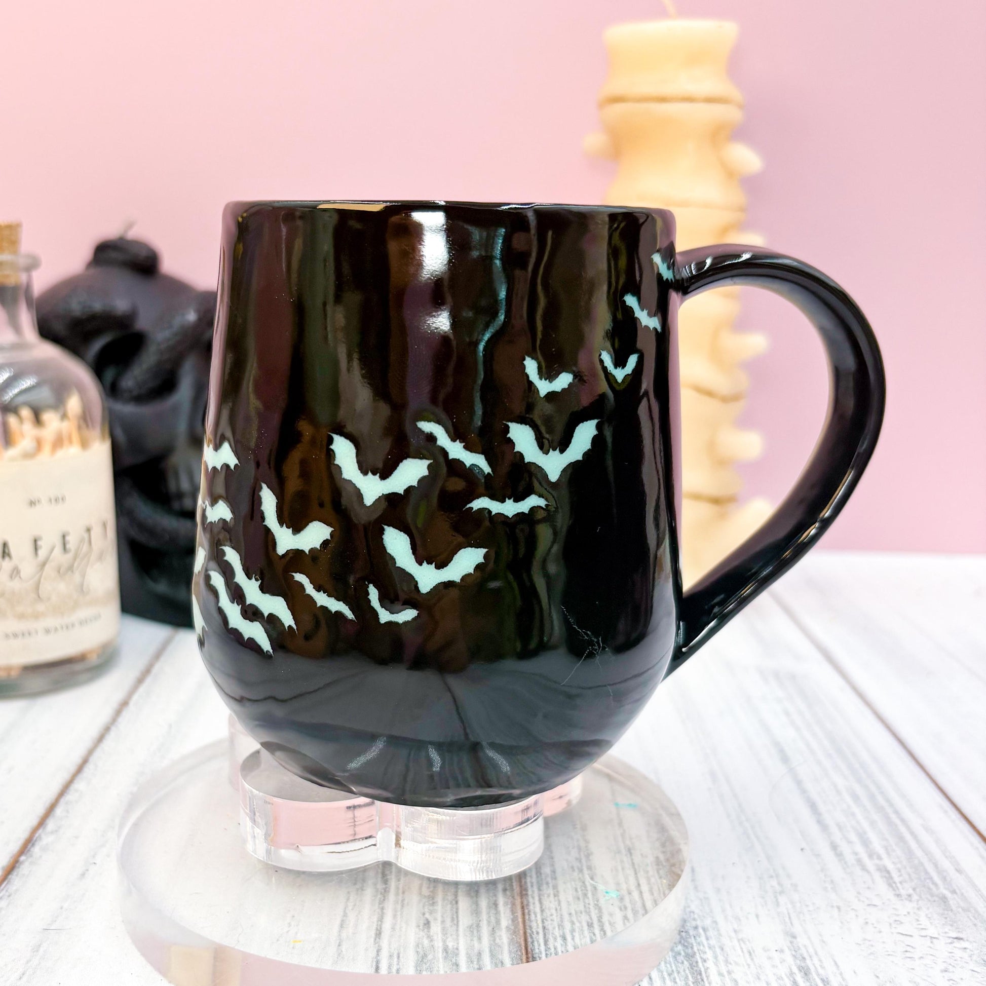 Blue and Black Bat Ceramic Mug, Autumn Gift For Her, Retro Fall Mug, Halloween Gift, Spooky Mug Handmade, Cute Autumn Mugs, Fall Gift Mom