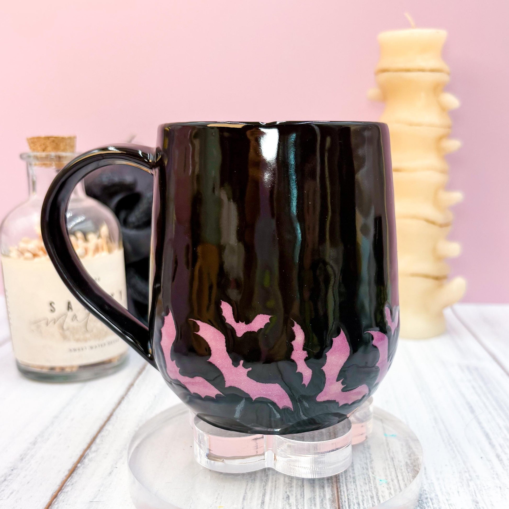 Purple and Black Bat Ceramic Mug, Autumn Gift For Her, Retro Fall Mug, Halloween Gift, Spooky Mug Handmade, Cute Autumn Mugs, Fall Gift Mom
