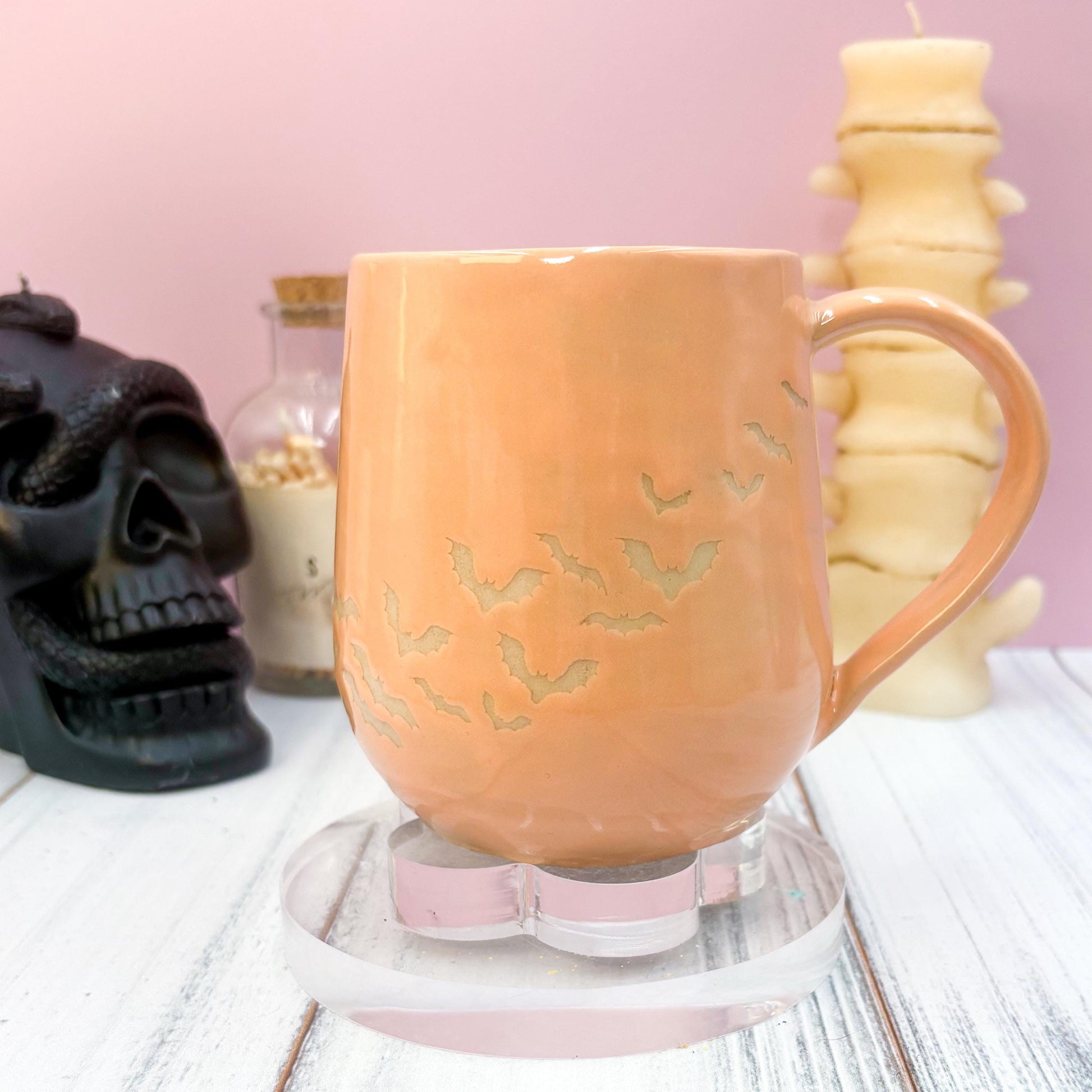 Peach Bat Ceramic Mug, Autumn Gift For Her, Retro Fall Mug, Halloween Gift, Spooky Mug Handmade, Cute Autumn Mugs, Fall Gift Mom