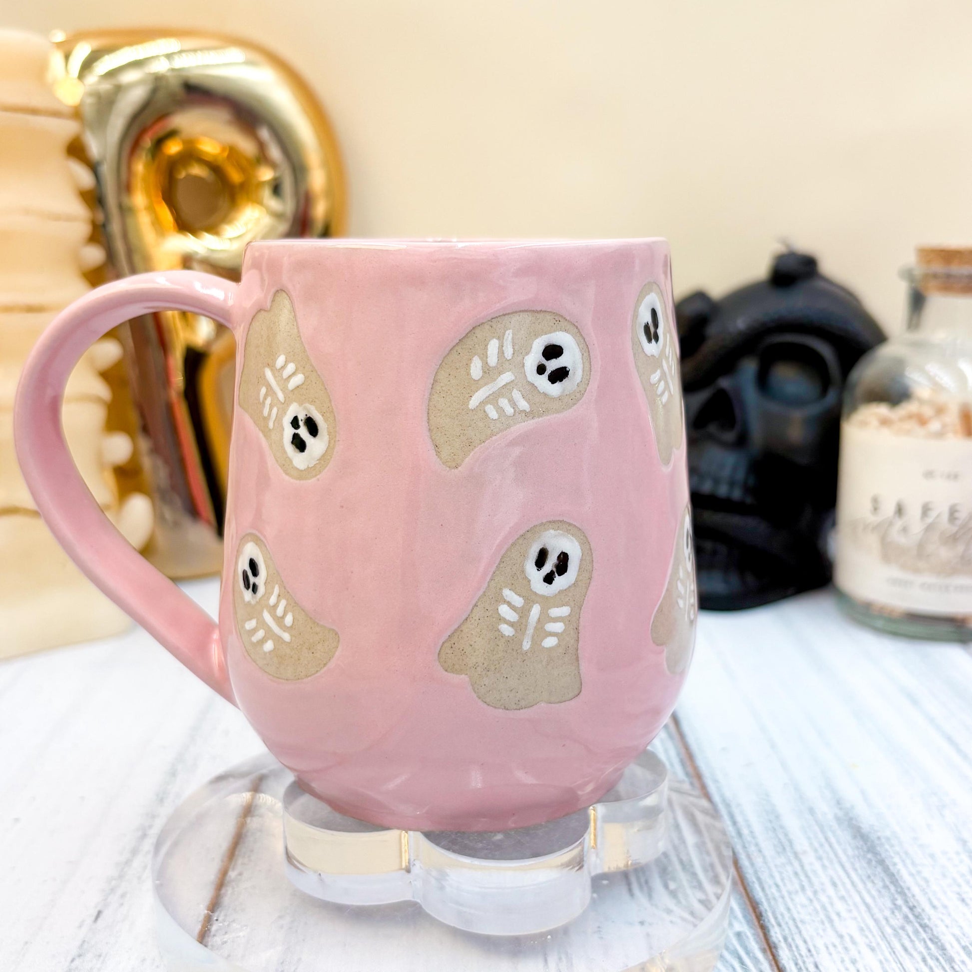 Pink Skeleton Ghost Ceramic Mug, Autumn Gift For Her, Retro Fall Mug, Halloween Gift, Spooky Mug Handmade, Cute Autumn Mugs, Fall Gift Mom
