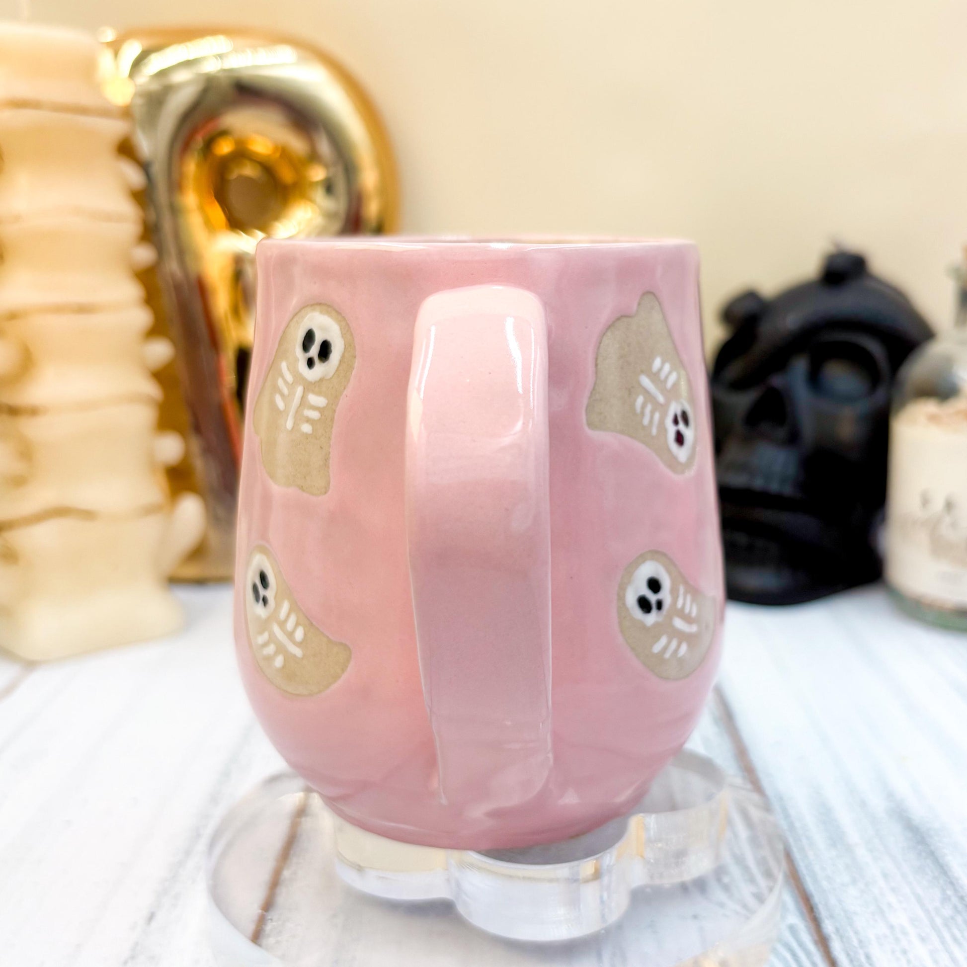 Pink Skeleton Ghost Ceramic Mug, Autumn Gift For Her, Retro Fall Mug, Halloween Gift, Spooky Mug Handmade, Cute Autumn Mugs, Fall Gift Mom