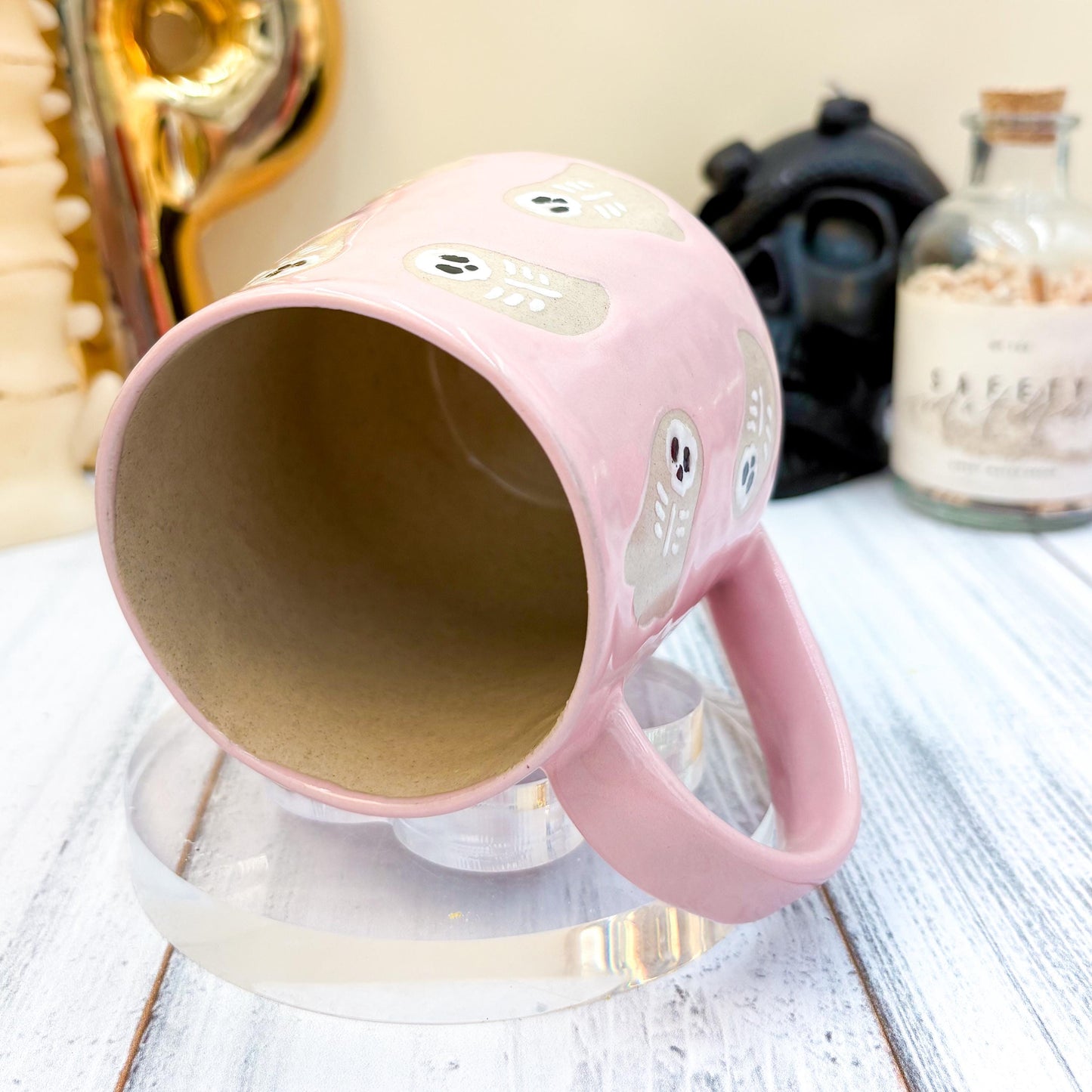 Pink Skeleton Ghost Ceramic Mug, Autumn Gift For Her, Retro Fall Mug, Halloween Gift, Spooky Mug Handmade, Cute Autumn Mugs, Fall Gift Mom