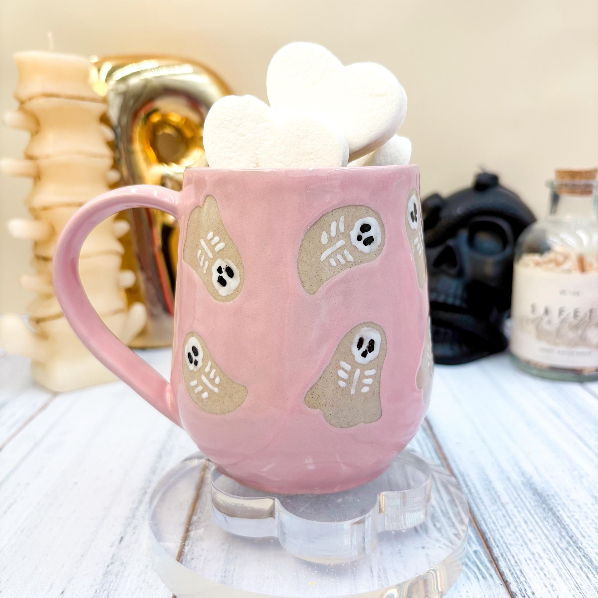 Pink Skeleton Ghost Ceramic Mug, Autumn Gift For Her, Retro Fall Mug, Halloween Gift, Spooky Mug Handmade, Cute Autumn Mugs, Fall Gift Mom