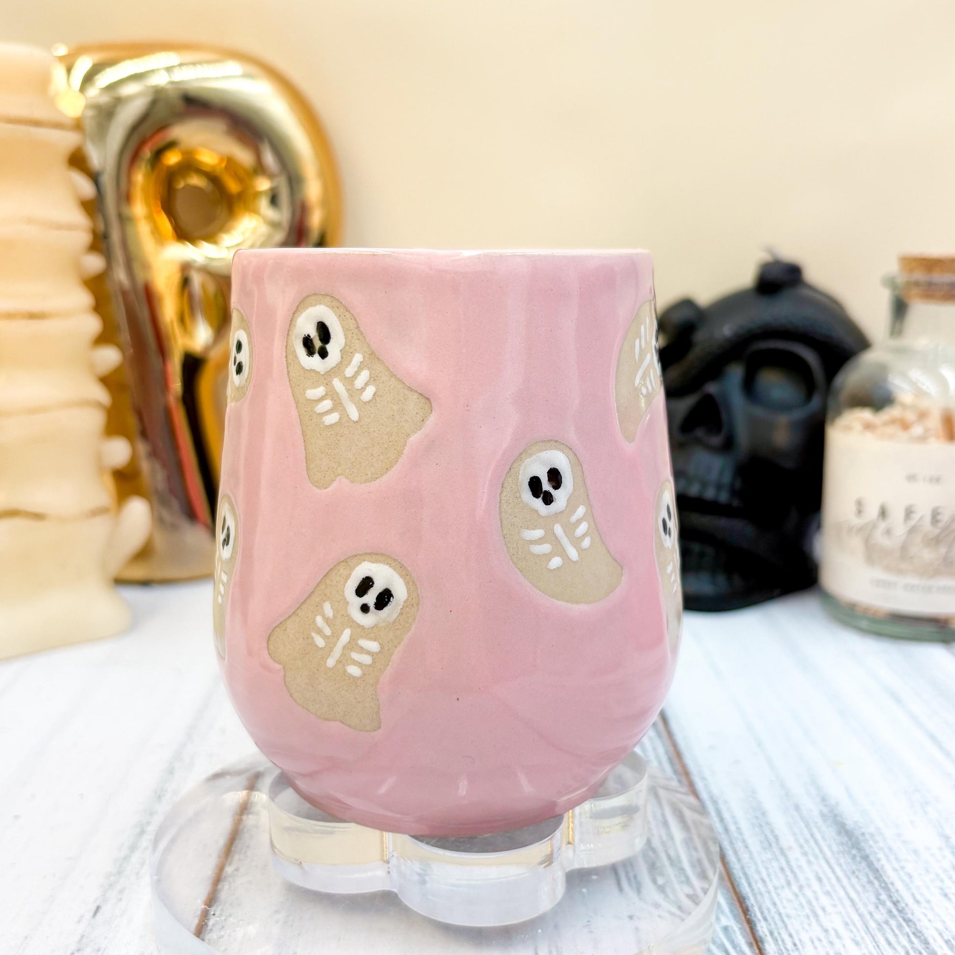 Pink Skeleton Ghost Ceramic Mug, Autumn Gift For Her, Retro Fall Mug, Halloween Gift, Spooky Mug Handmade, Cute Autumn Mugs, Fall Gift Mom