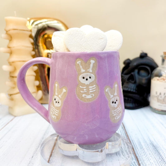 Purple Seleton Bunny Spring Ceramic Mug, Spring Gift For Her, Retro Spring Mug, Easter Gift for Her, Cute Bunny Handmade, Cute Easter Mug