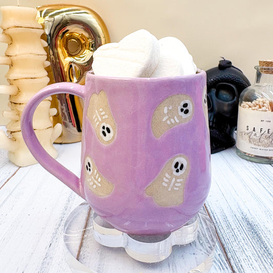 Purple Skeleton Ghost Ceramic Mug, Autumn Gift For Her, Retro Fall Mug, Halloween Gift, Spooky Mug Handmade, Cute Autumn Mugs, Fall Gift Mom
