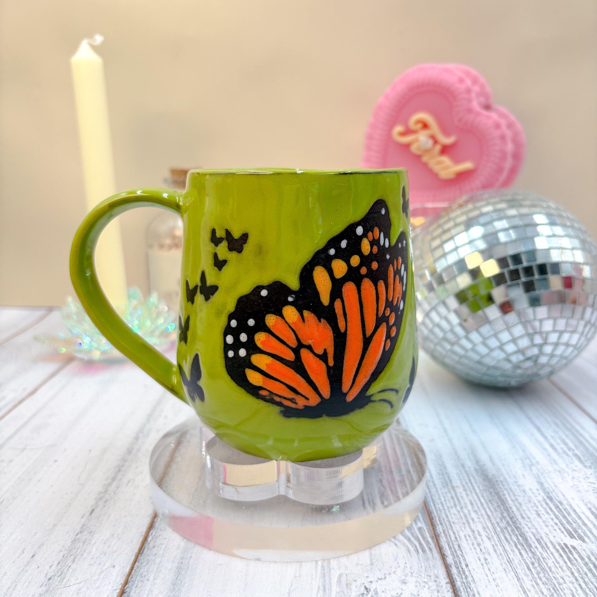 Green Monarch Butterfly Ceramic Mug