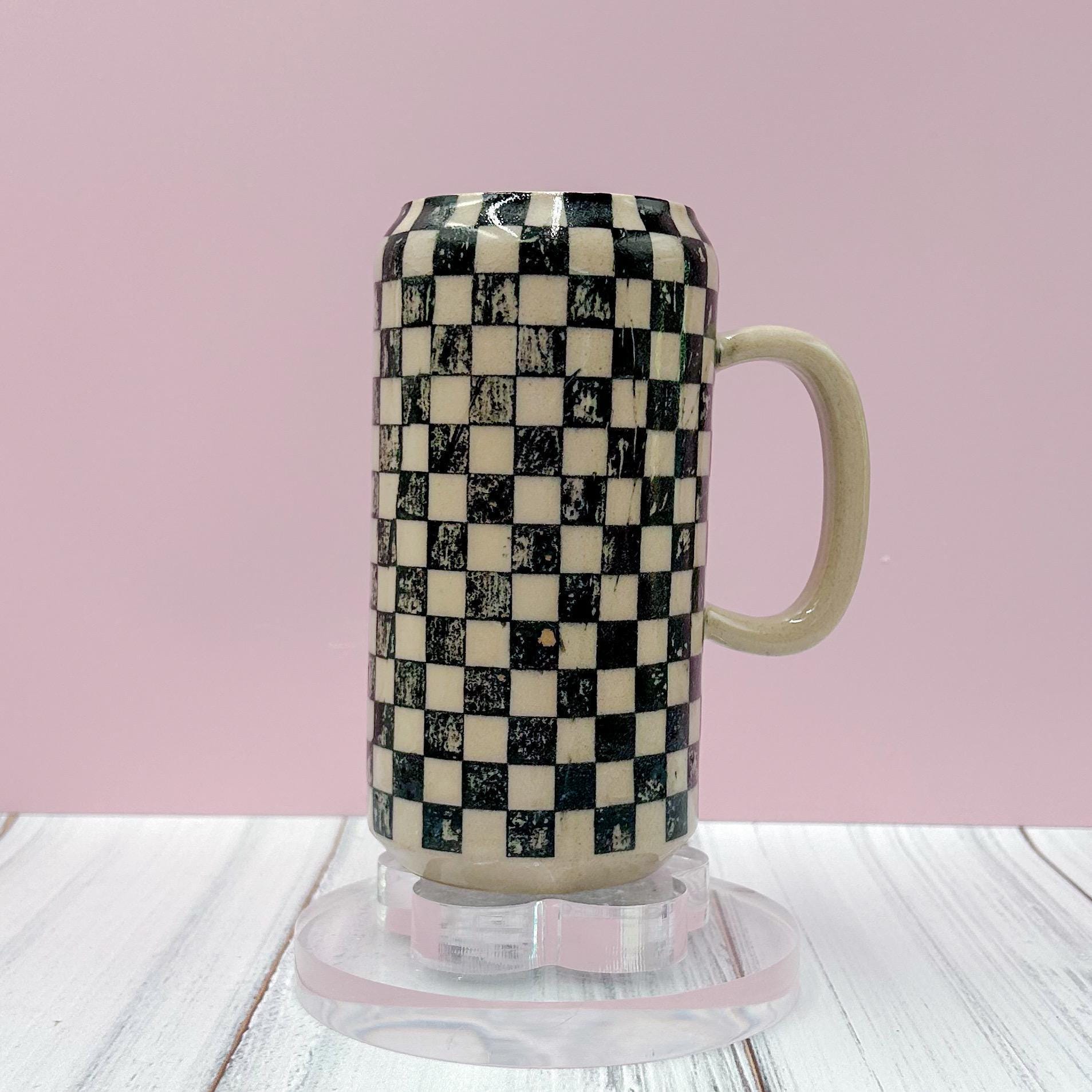 Black Retro Checkered Tumbler With Lid, Groovy Coffee Cup, Retro Teacher Appreciation Gift, Checkerboard Mug, Teen Girl Birthday Gifts