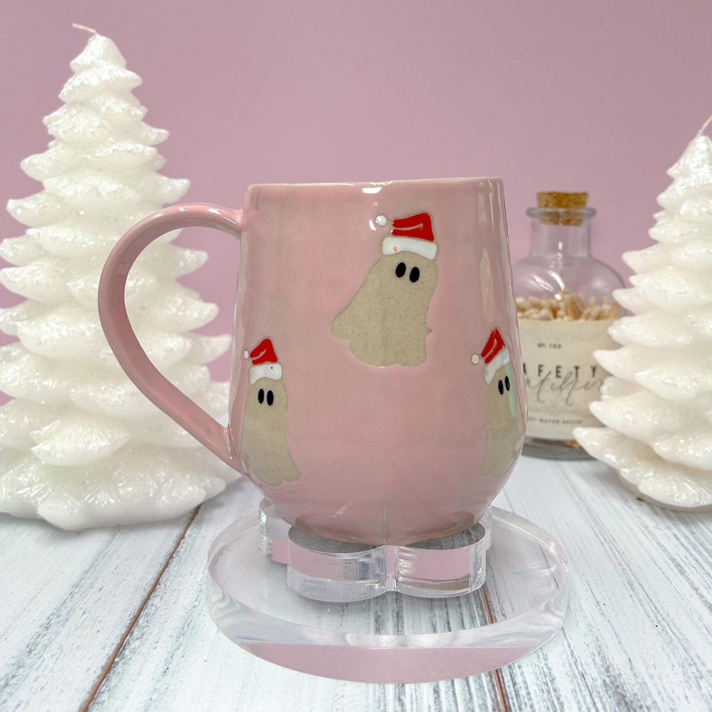 Pink Santa Hat Ghost Mug