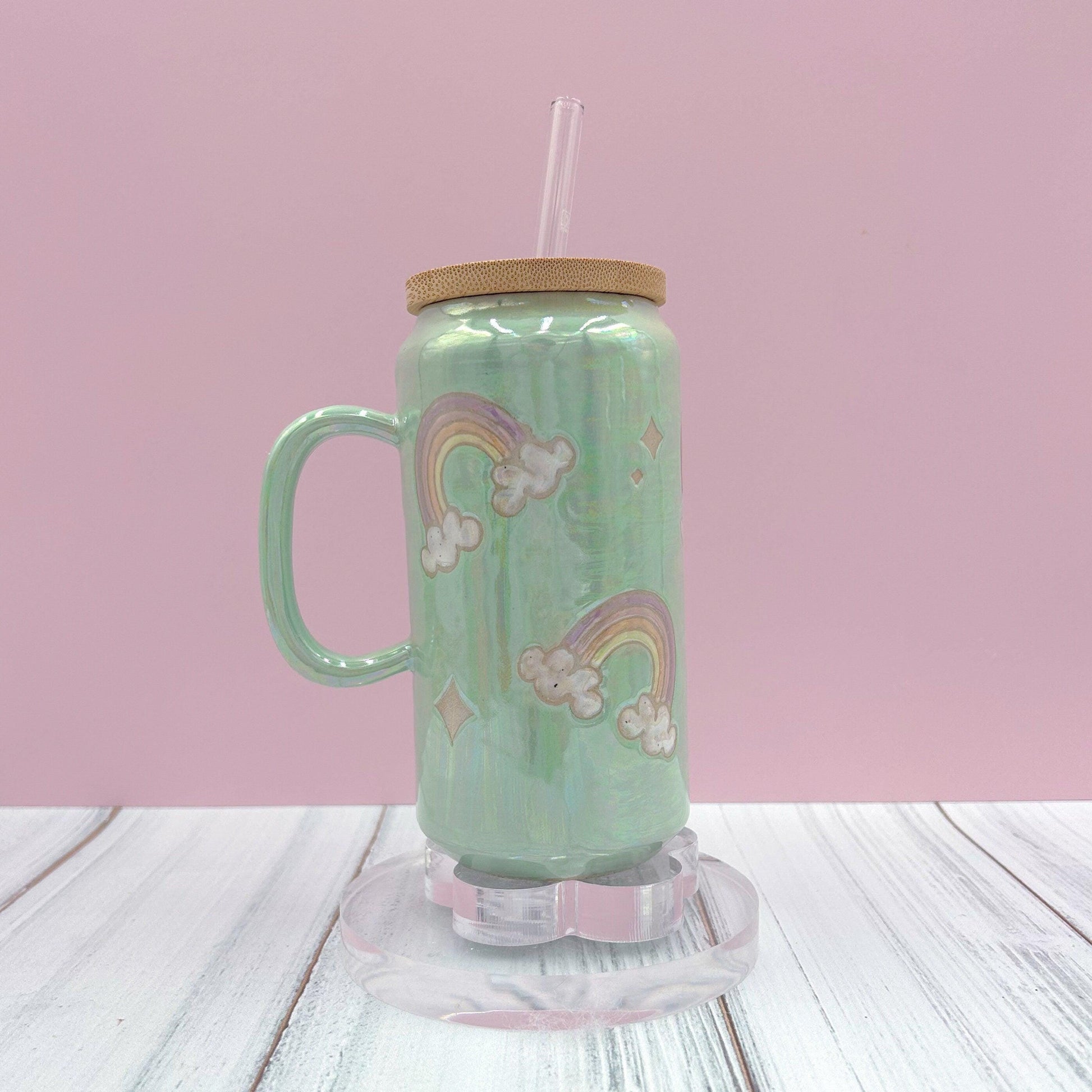 Aqua Opalescent Rainbow and Cloud Tumbler Ceramic Mug, Rainbow Beer Can Glass Tumbler, Rainbow Gift For Her, Handmade Ceramic Mug