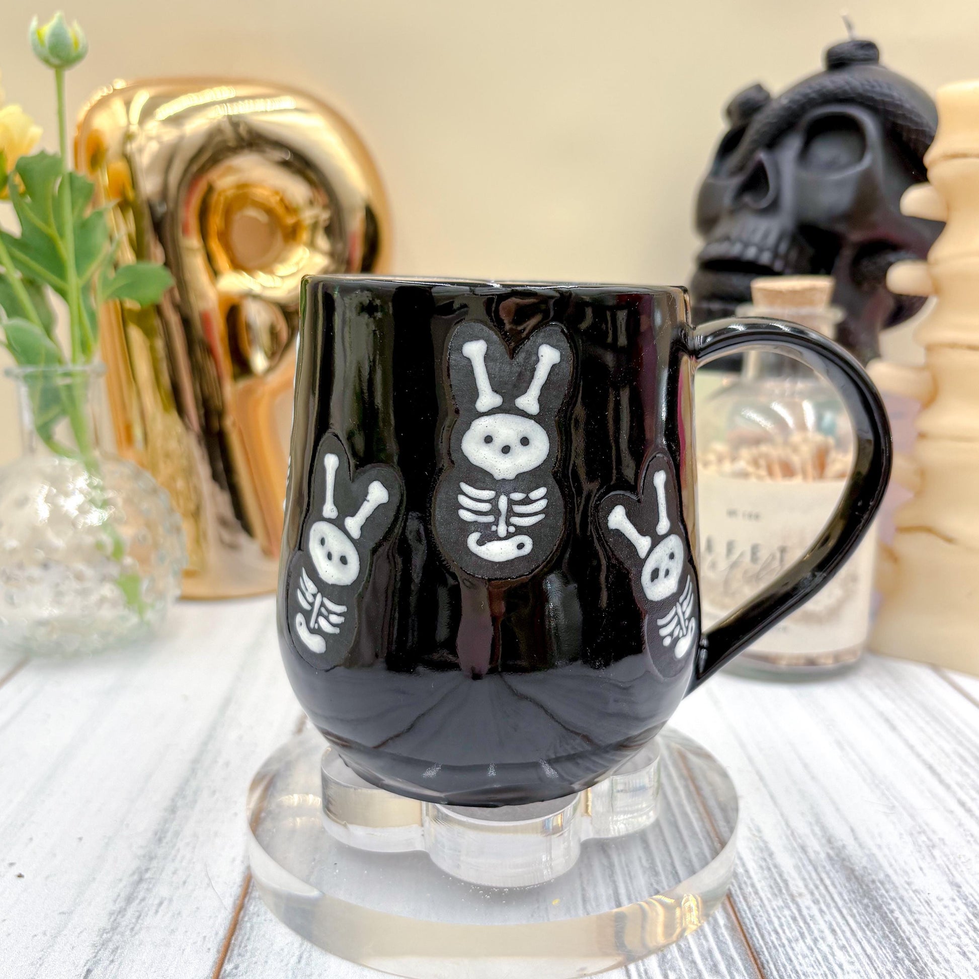 Matte Black Seleton Bunny Spring Ceramic Mug