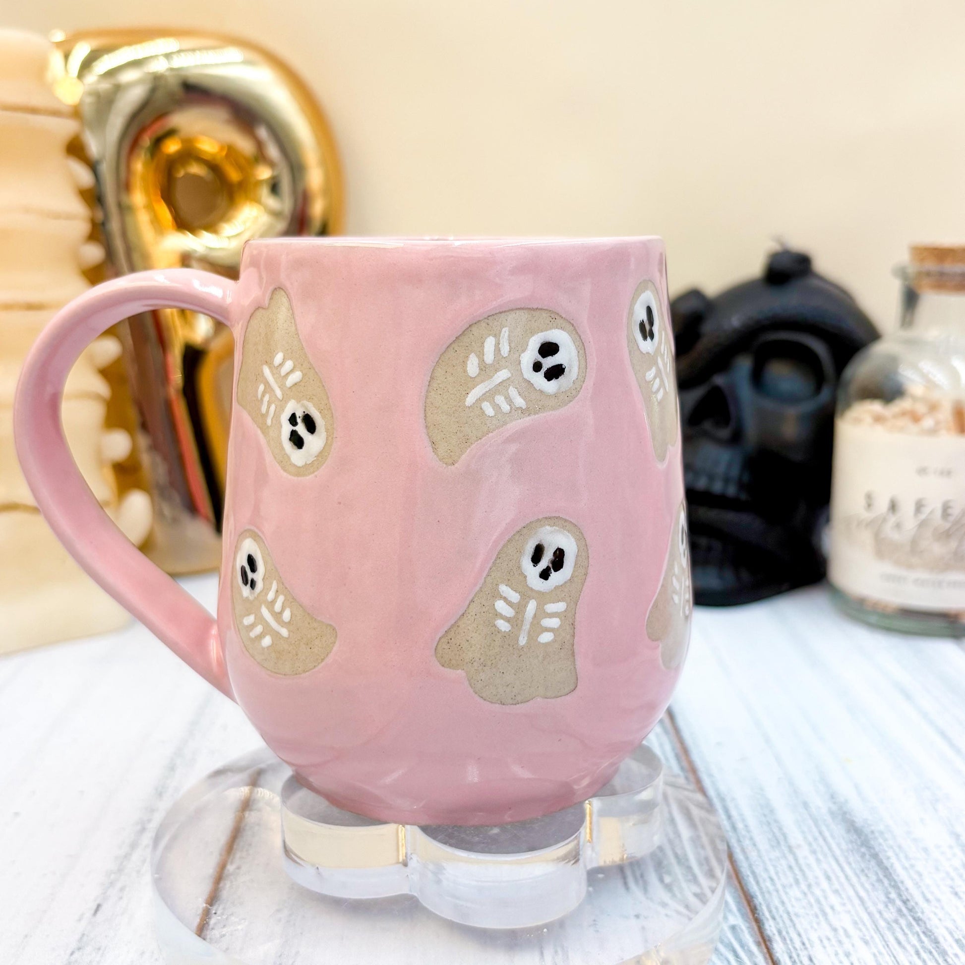Pink Skeleton Ghost Ceramic Mug
