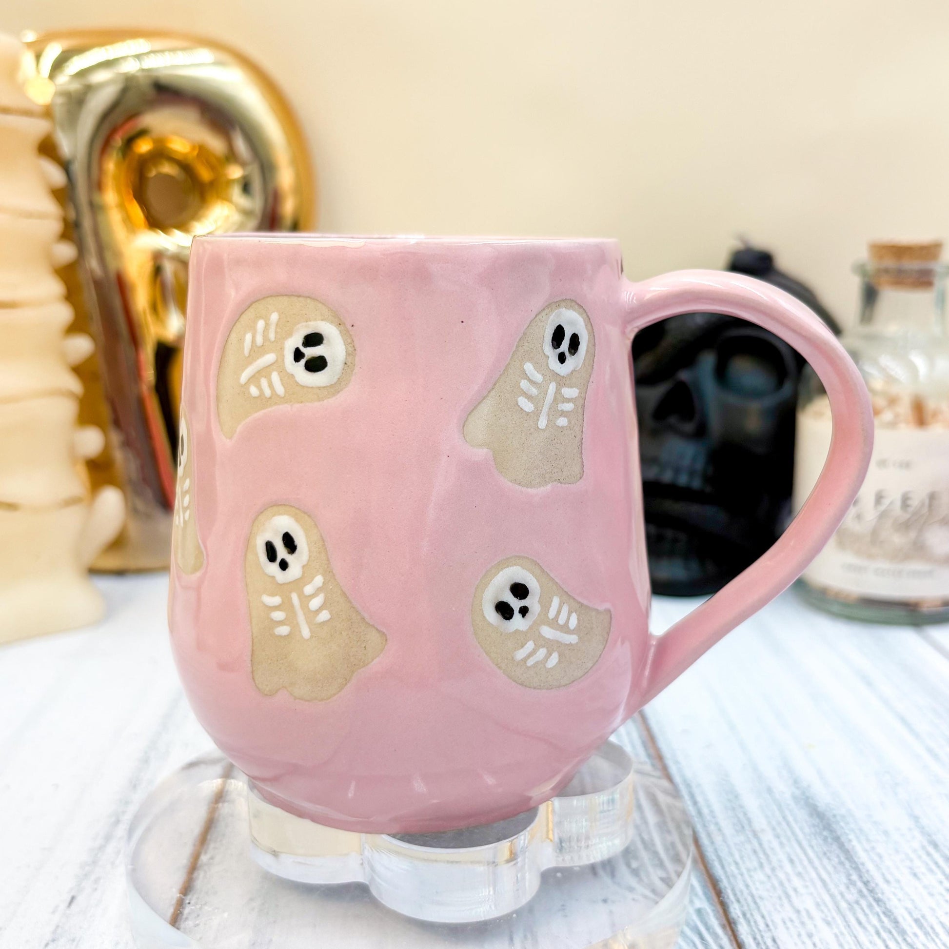Pink Skeleton Ghost Ceramic Mug