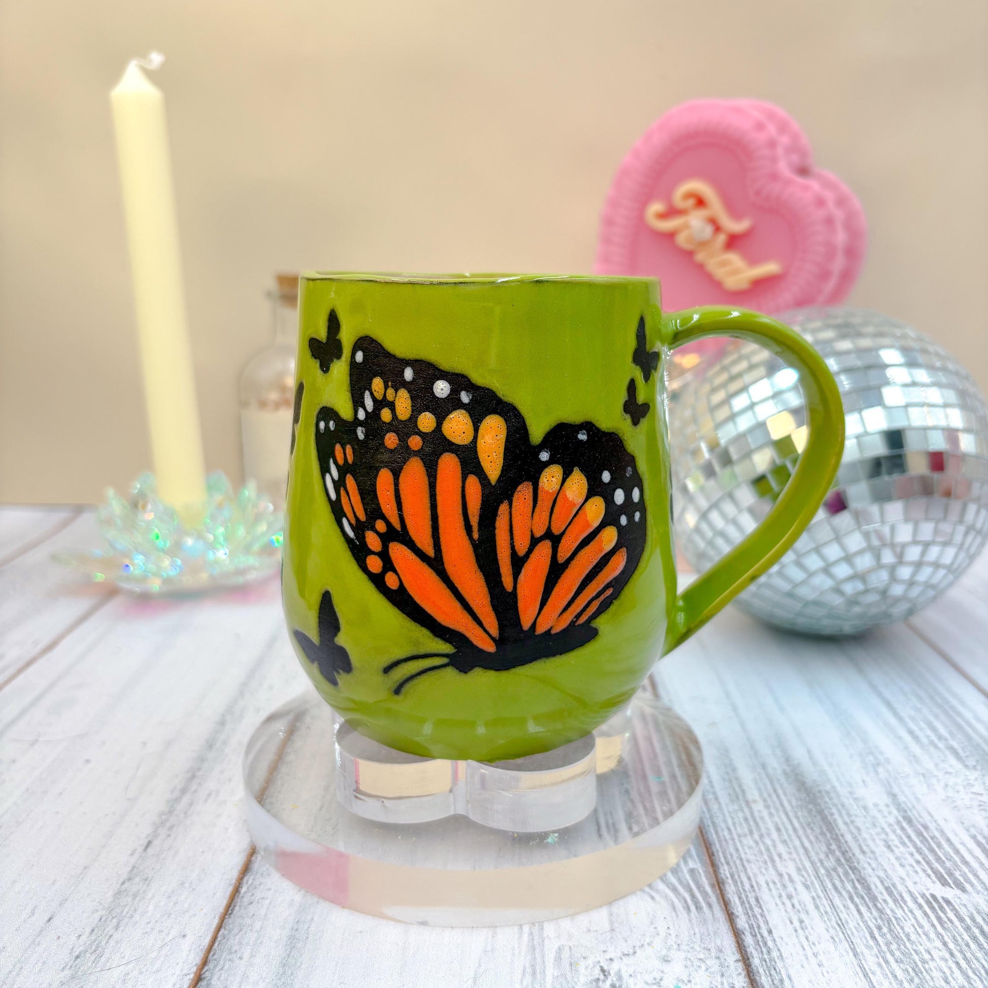 Green Monarch Butterfly Ceramic Mug