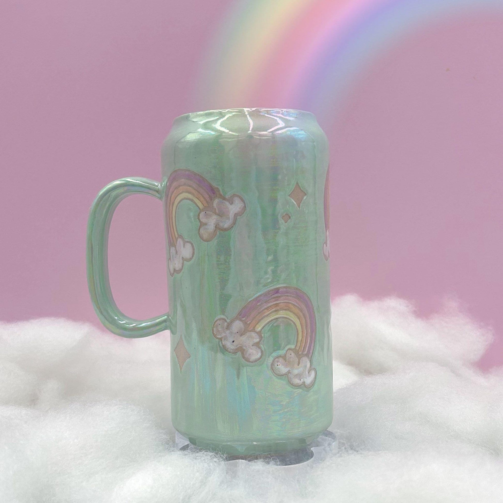 Aqua Opalescent Rainbow and Cloud Tumbler Ceramic Mug, Rainbow Beer Can Glass Tumbler, Rainbow Gift For Her, Handmade Ceramic Mug