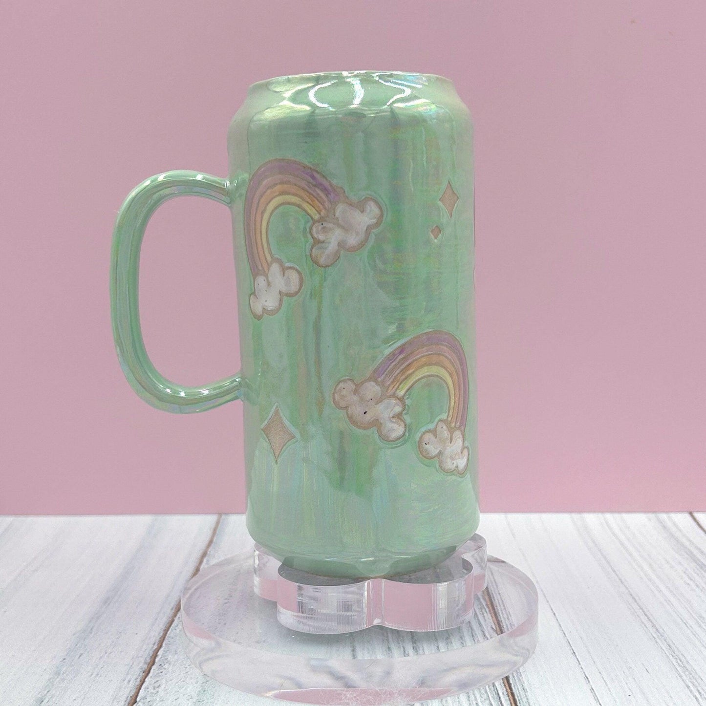 Aqua Opalescent Rainbow and Cloud Tumbler Ceramic Mug, Rainbow Beer Can Glass Tumbler, Rainbow Gift For Her, Handmade Ceramic Mug