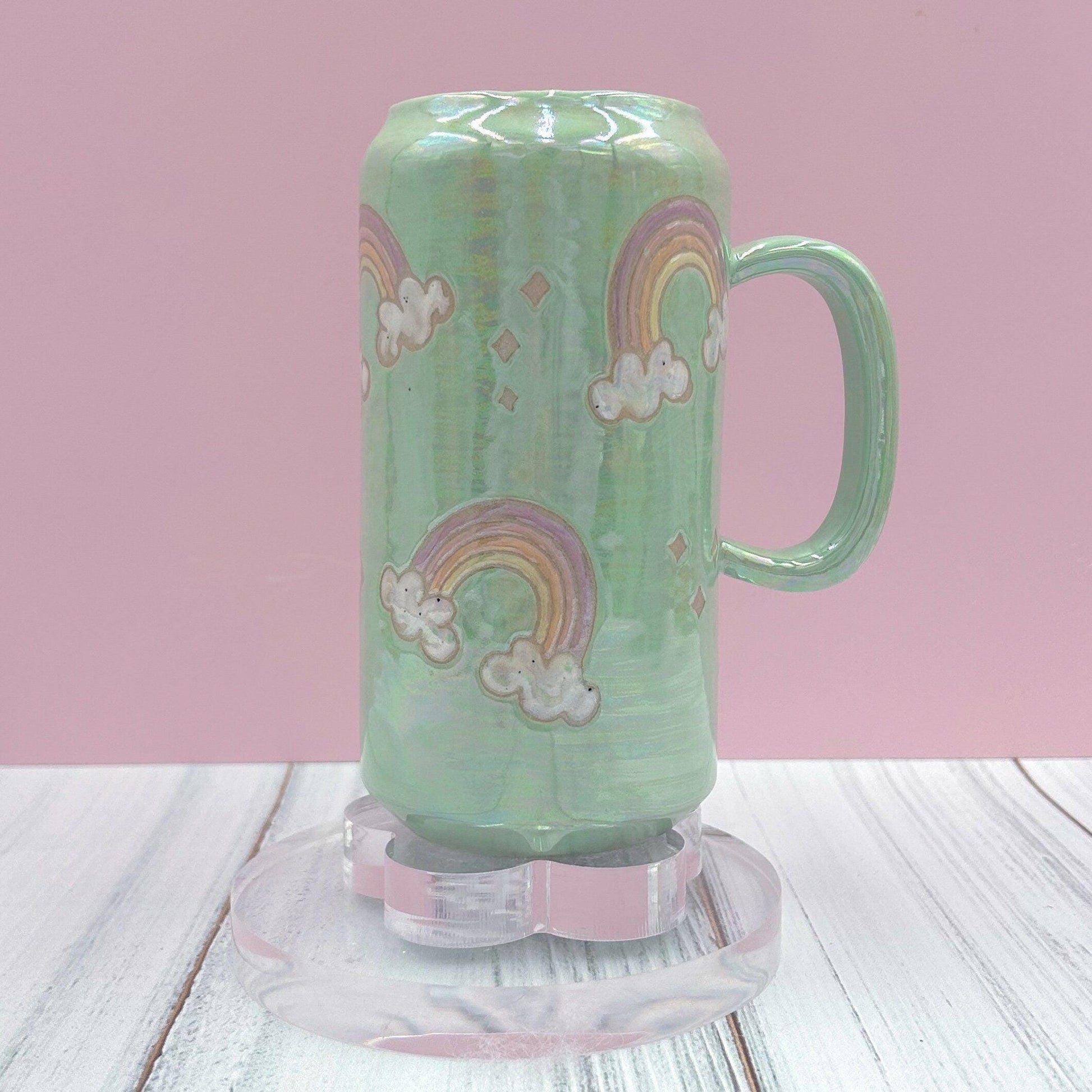 Aqua Opalescent Rainbow and Cloud Tumbler Ceramic Mug, Rainbow Beer Can Glass Tumbler, Rainbow Gift For Her, Handmade Ceramic Mug
