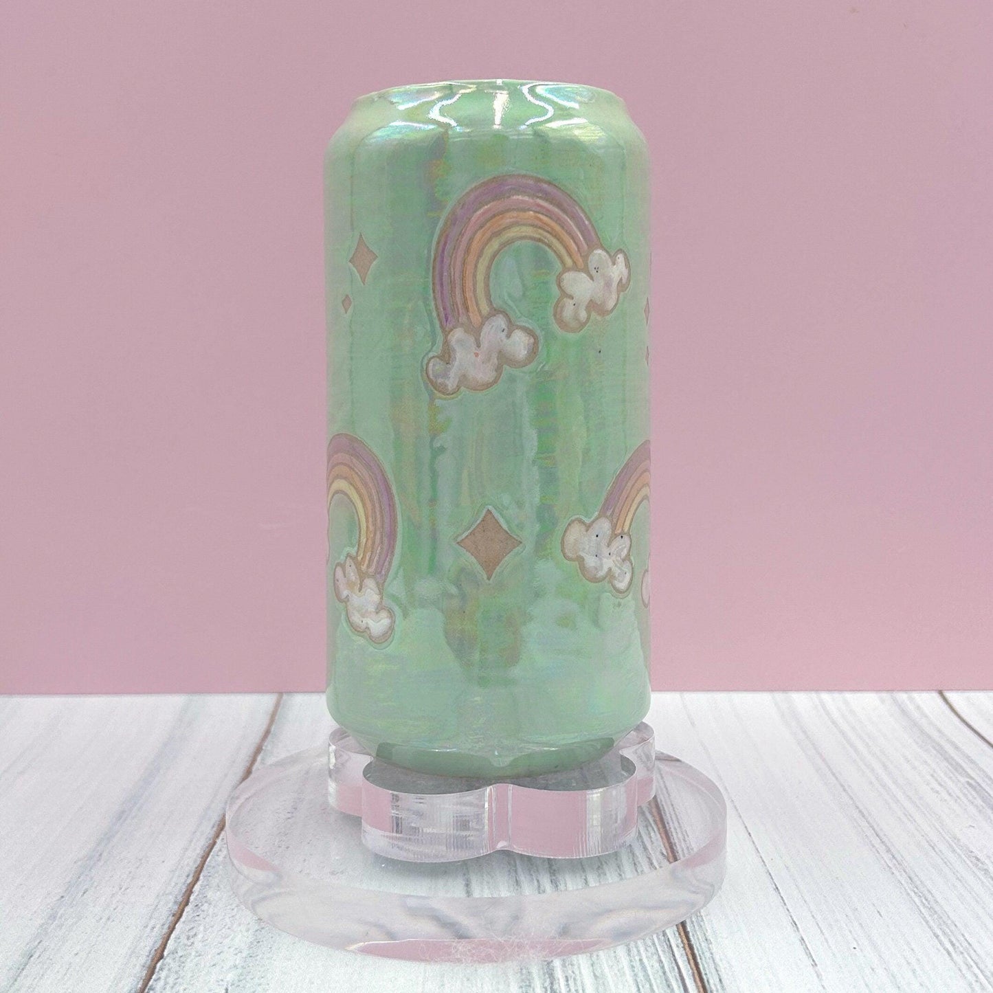 Aqua Opalescent Rainbow and Cloud Tumbler Ceramic Mug, Rainbow Beer Can Glass Tumbler, Rainbow Gift For Her, Handmade Ceramic Mug