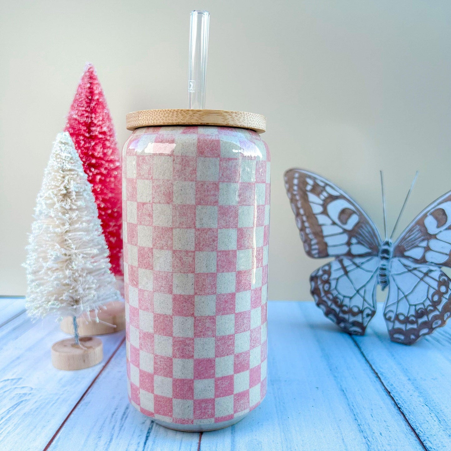 Pink Retro Checkered Coffee Cup With Lid