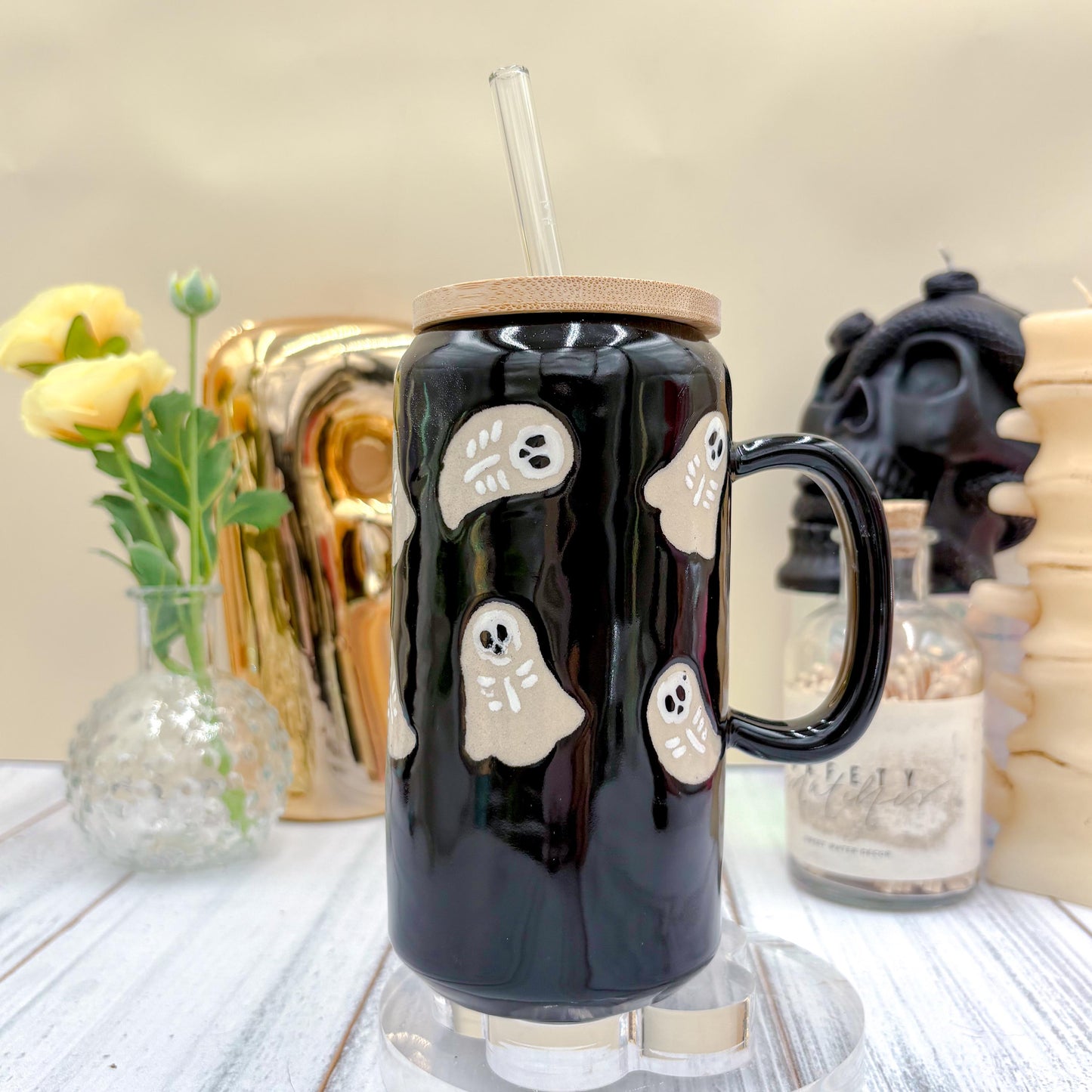 Black Skeleton Ghost Ceramic Tumbler Mug