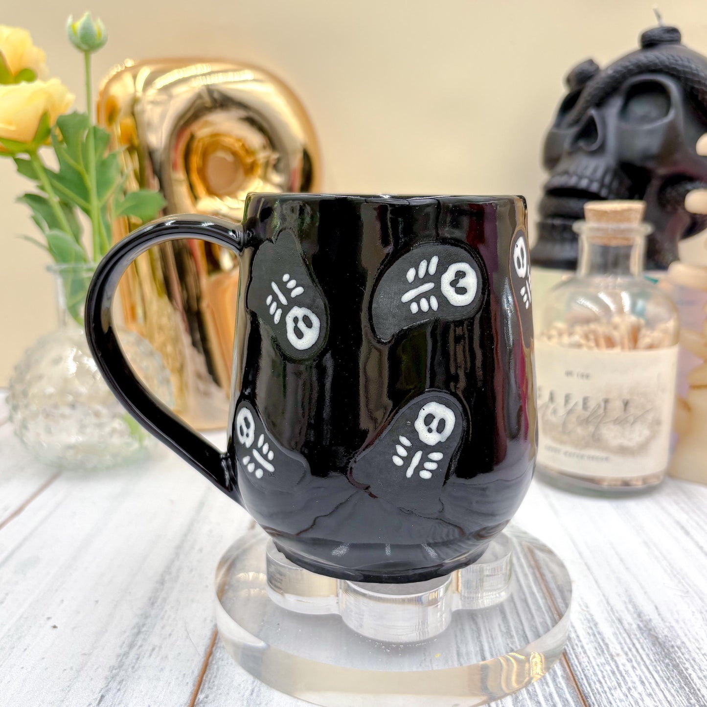 Matte Black Skeleton Ghost Ceramic Mug