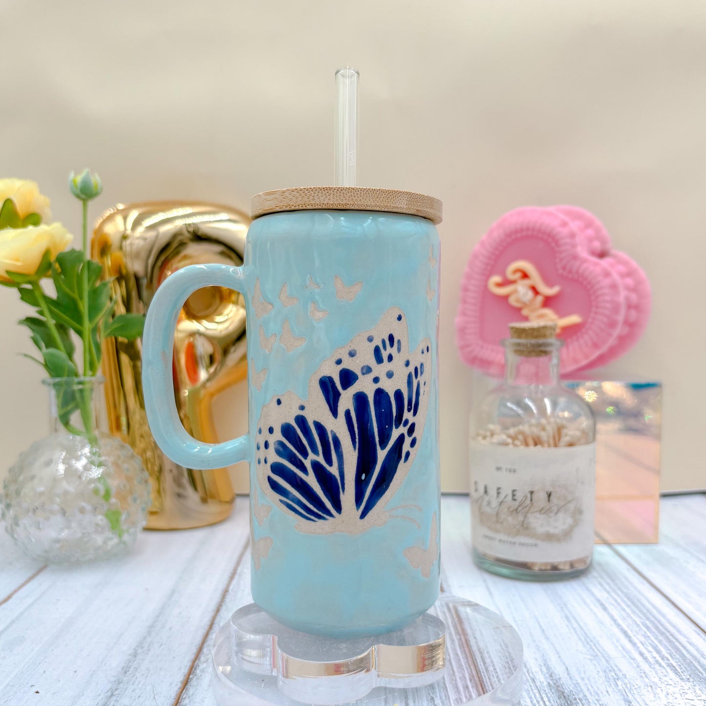 Blue Butterfly Ceramic Tumbler Mug