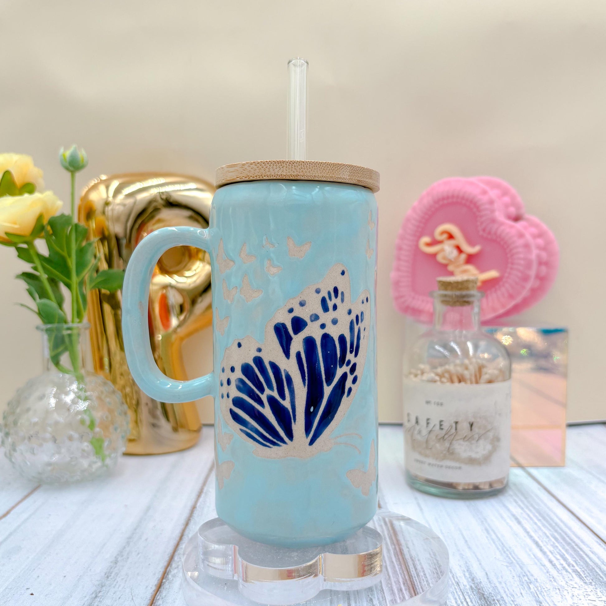Blue Butterfly Ceramic Tumbler Mug