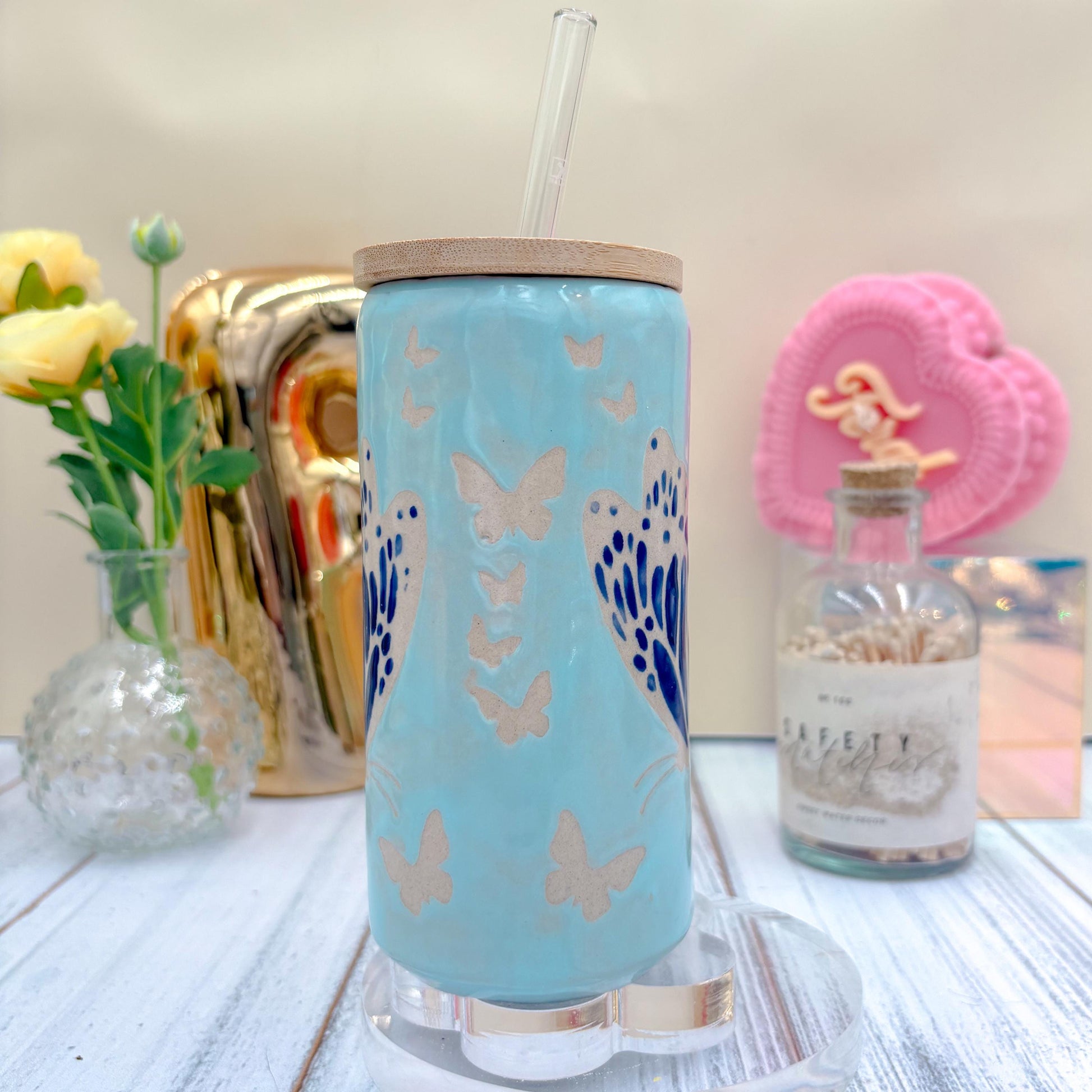 Blue Butterfly Ceramic Tumbler Mug