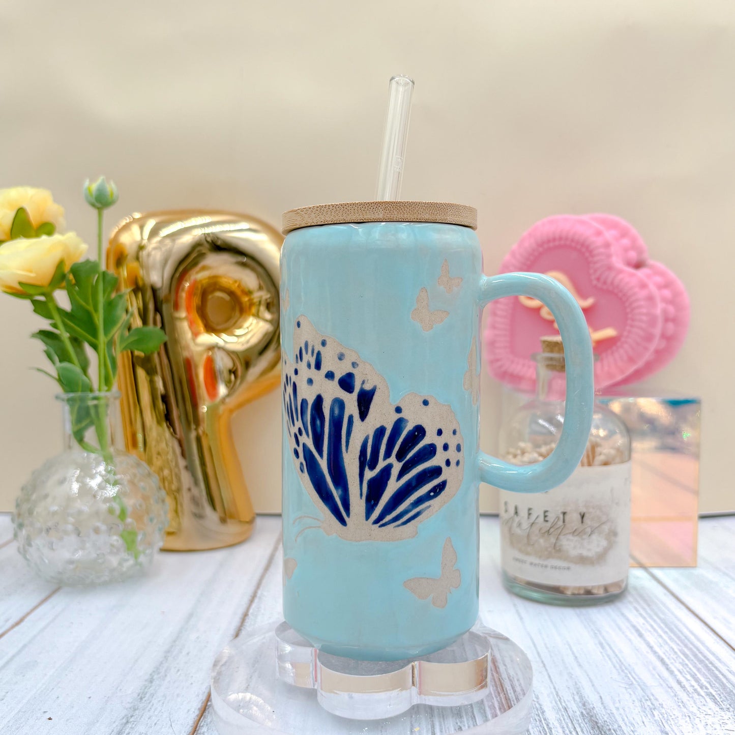 Blue Butterfly Ceramic Tumbler Mug