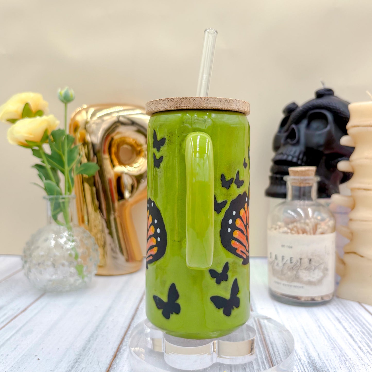 Green Monarch Butterfly Ceramic Tumbler