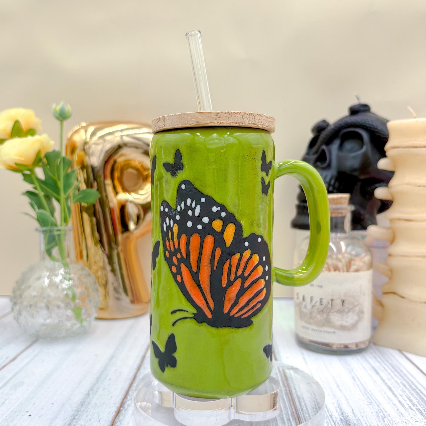 Green Monarch Butterfly Ceramic Tumbler