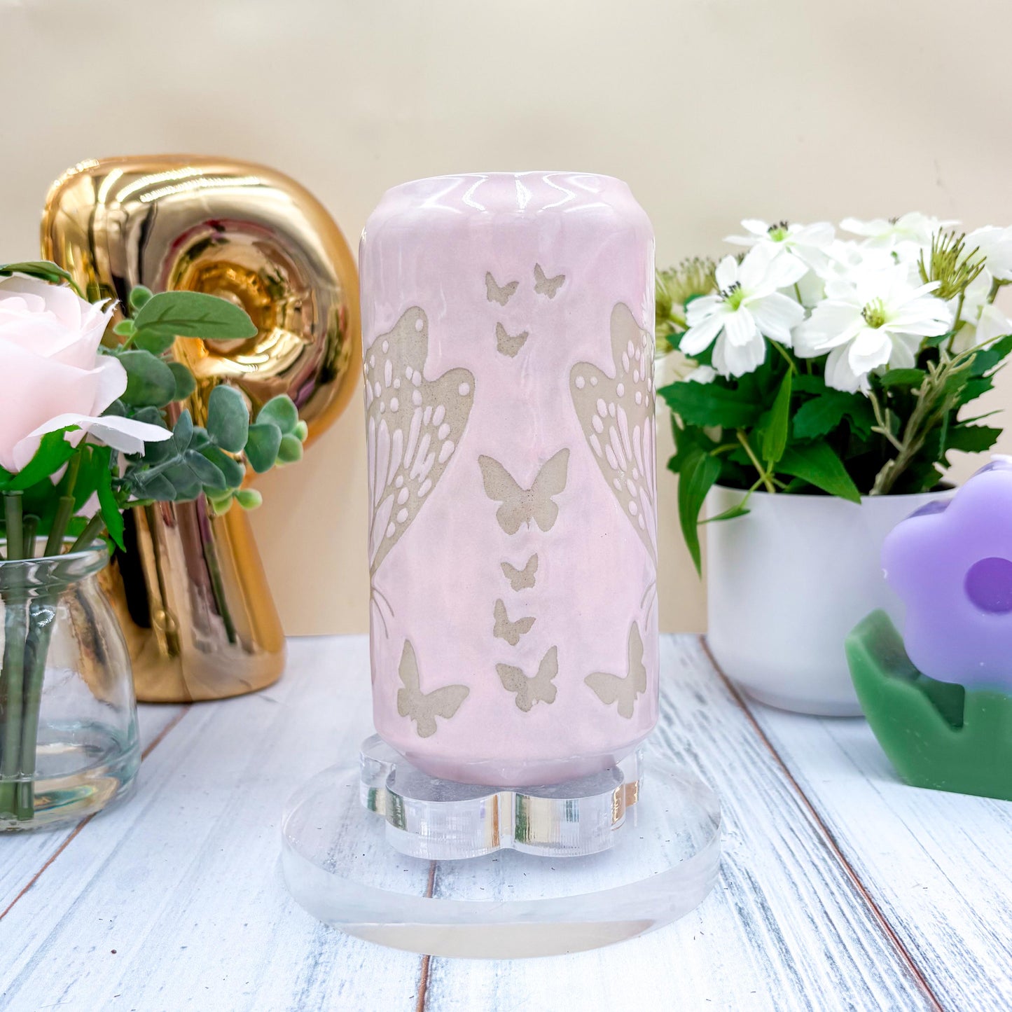Light Pink Butterfly Ceramic Tumbler