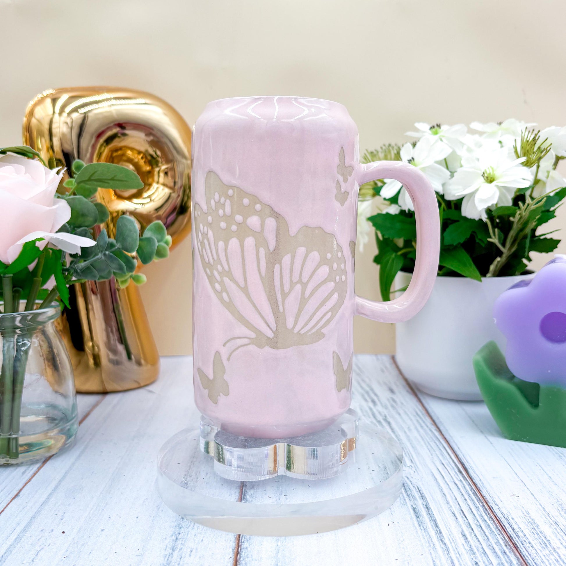 Light Pink Butterfly Ceramic Tumbler