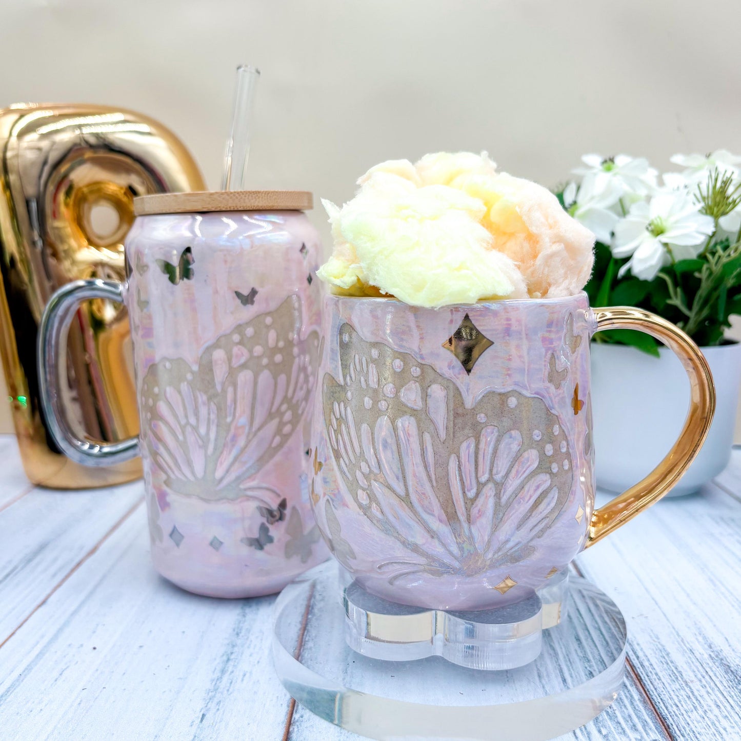 Silver Light Pink Butterfly Ceramic Tumbler