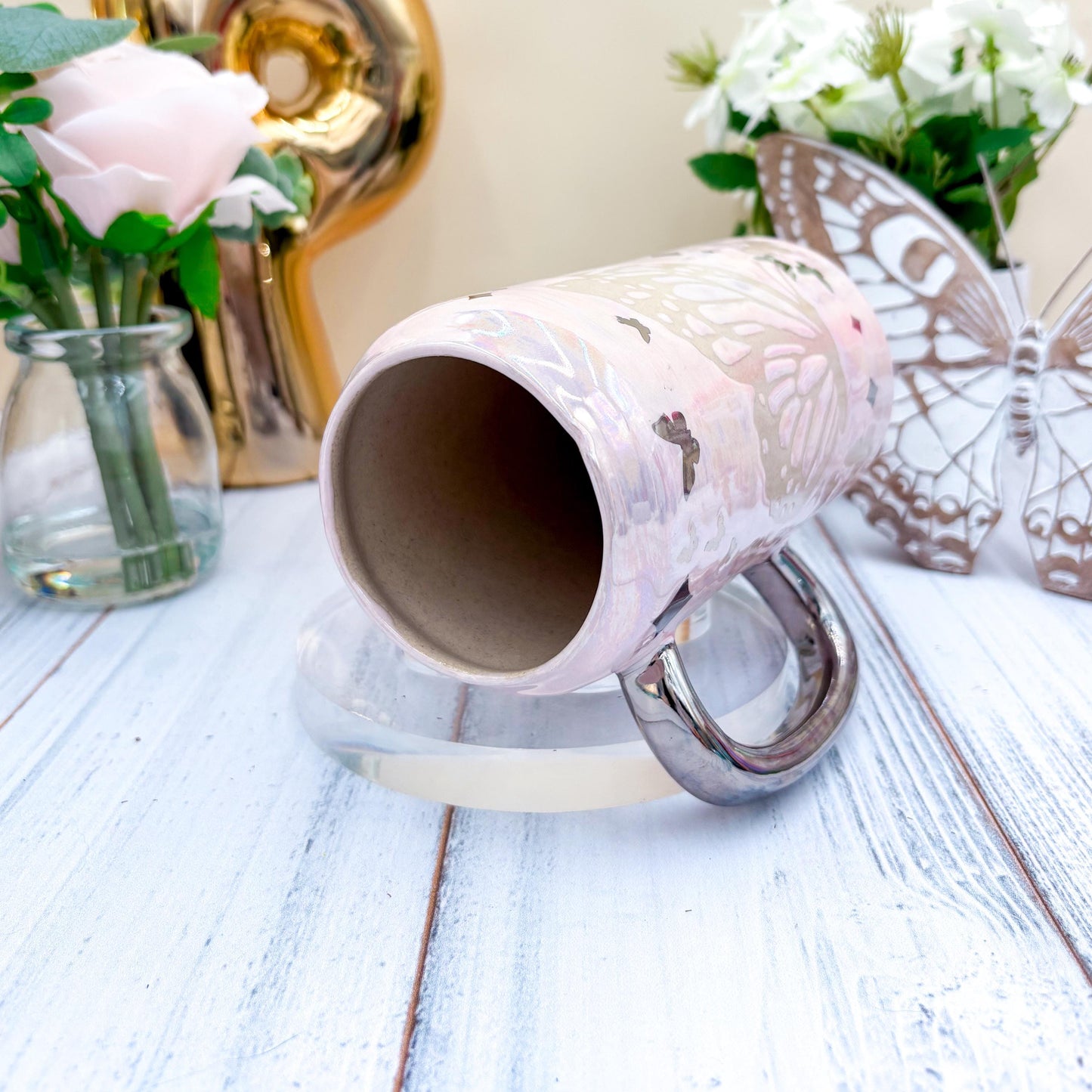Silver Light Pink Butterfly Ceramic Tumbler