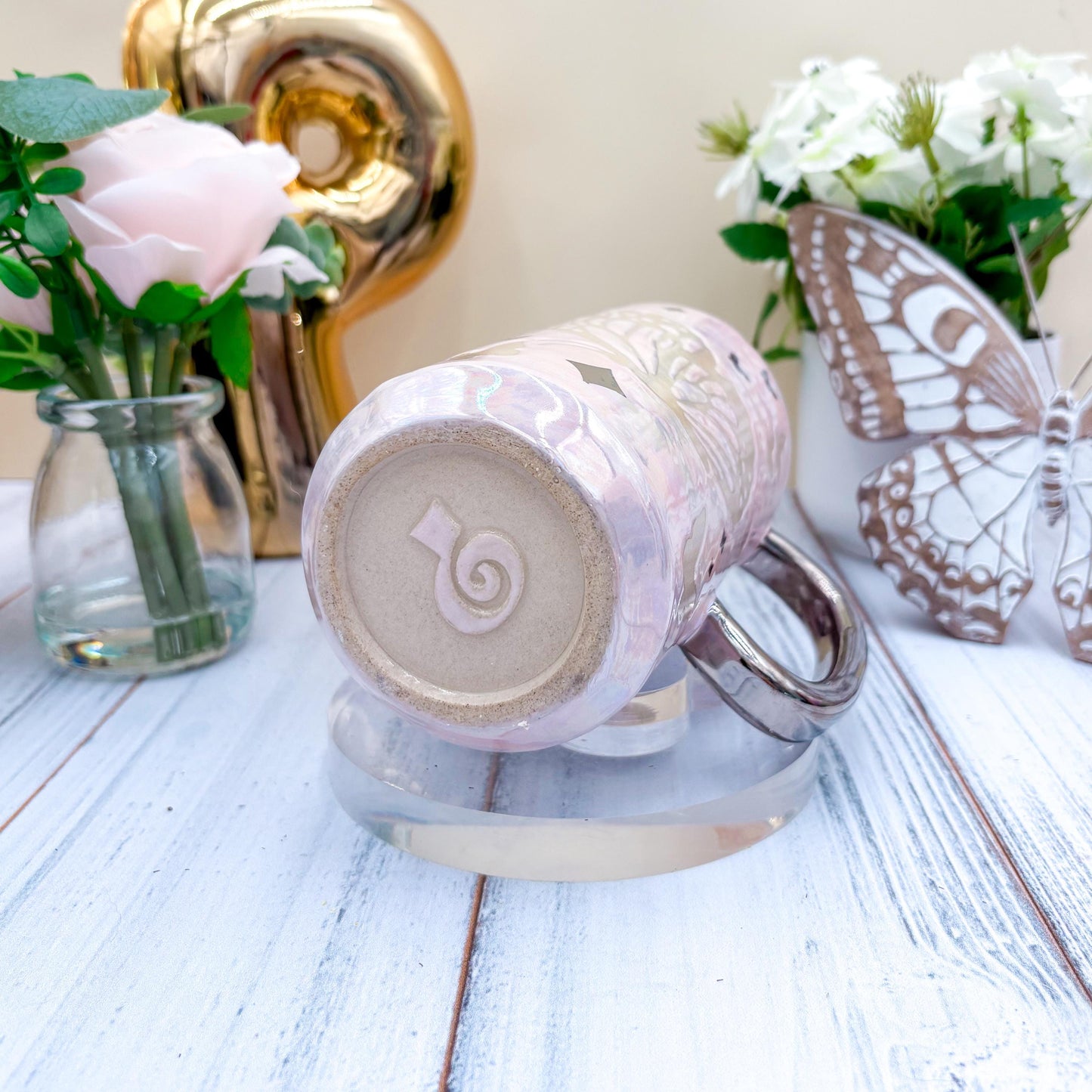 Silver Light Pink Butterfly Ceramic Tumbler