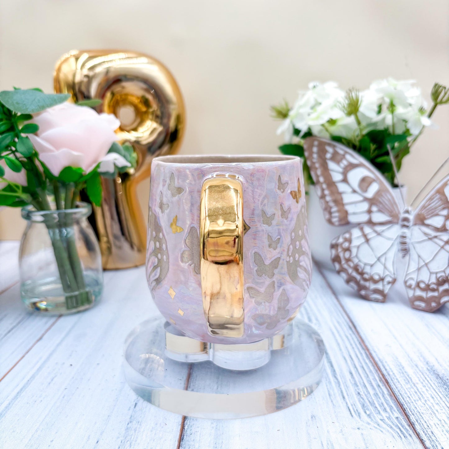 Gold Light Pink Butterfly Ceramic Mug