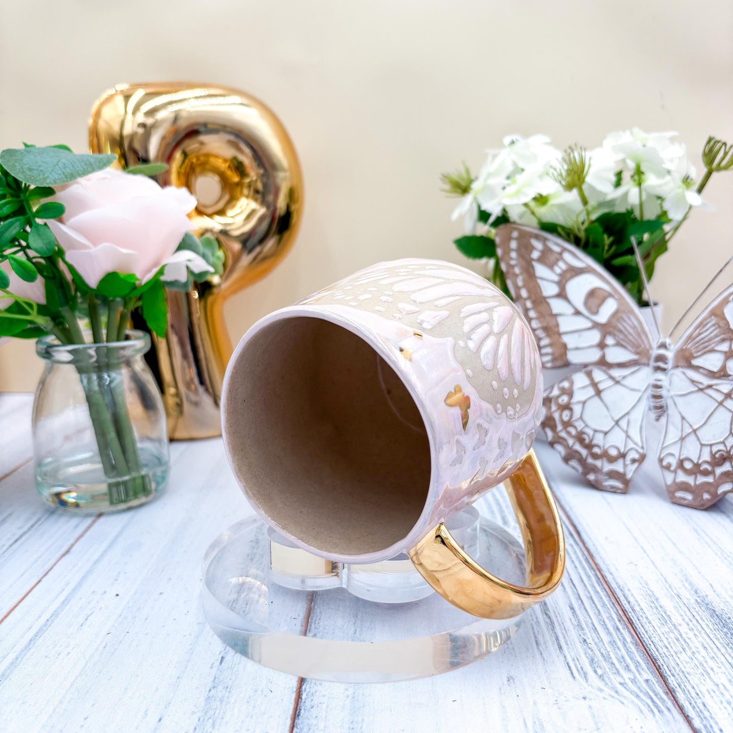 Gold Light Pink Butterfly Ceramic Mug