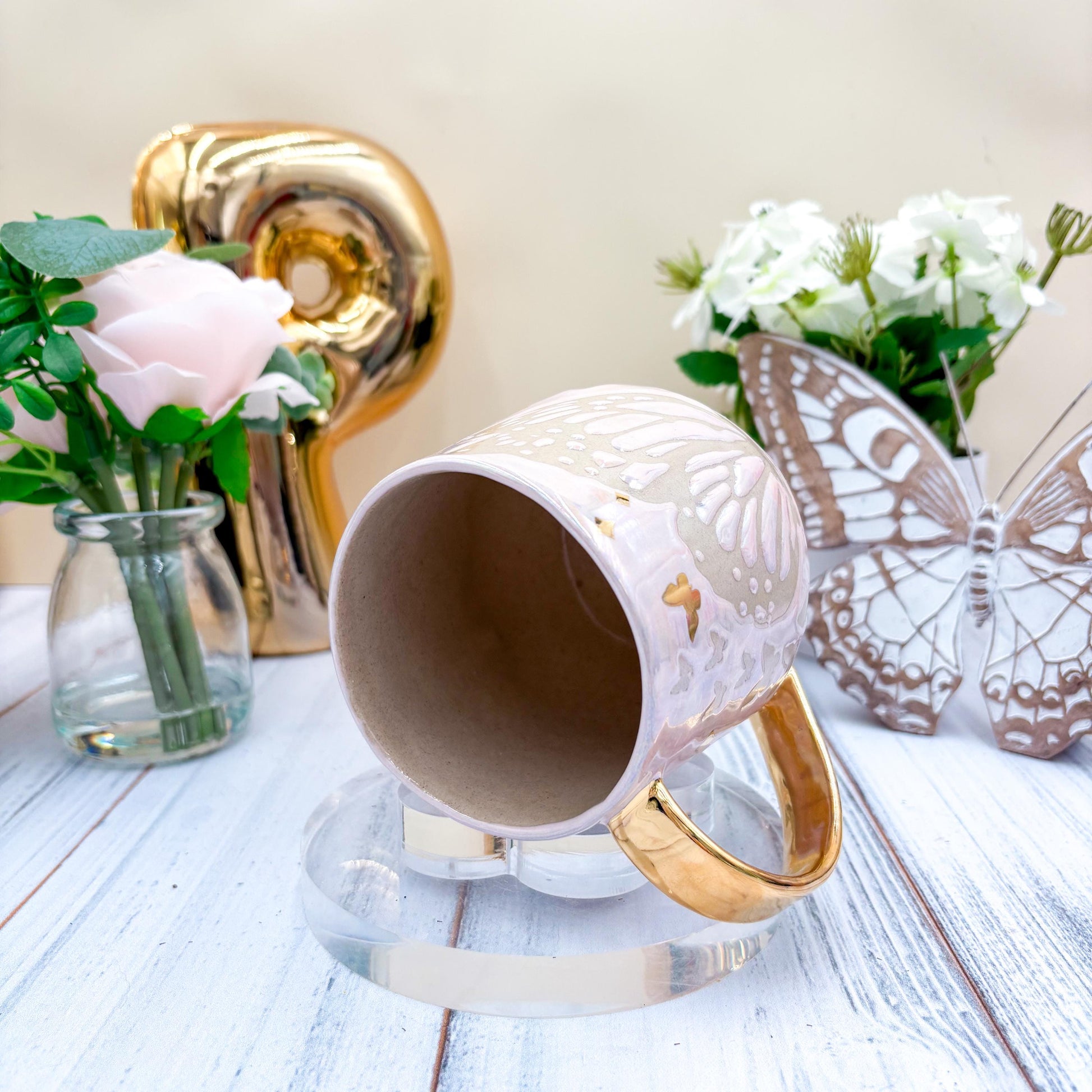 Gold Light Pink Butterfly Ceramic Mug