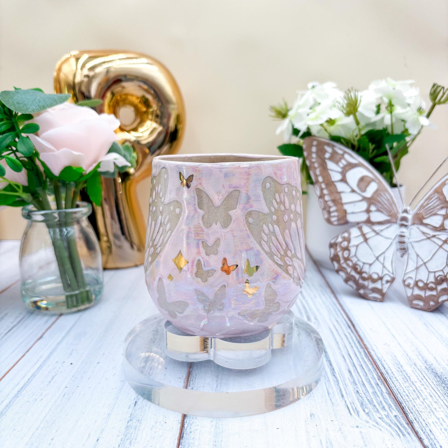 Gold Light Pink Butterfly Ceramic Mug