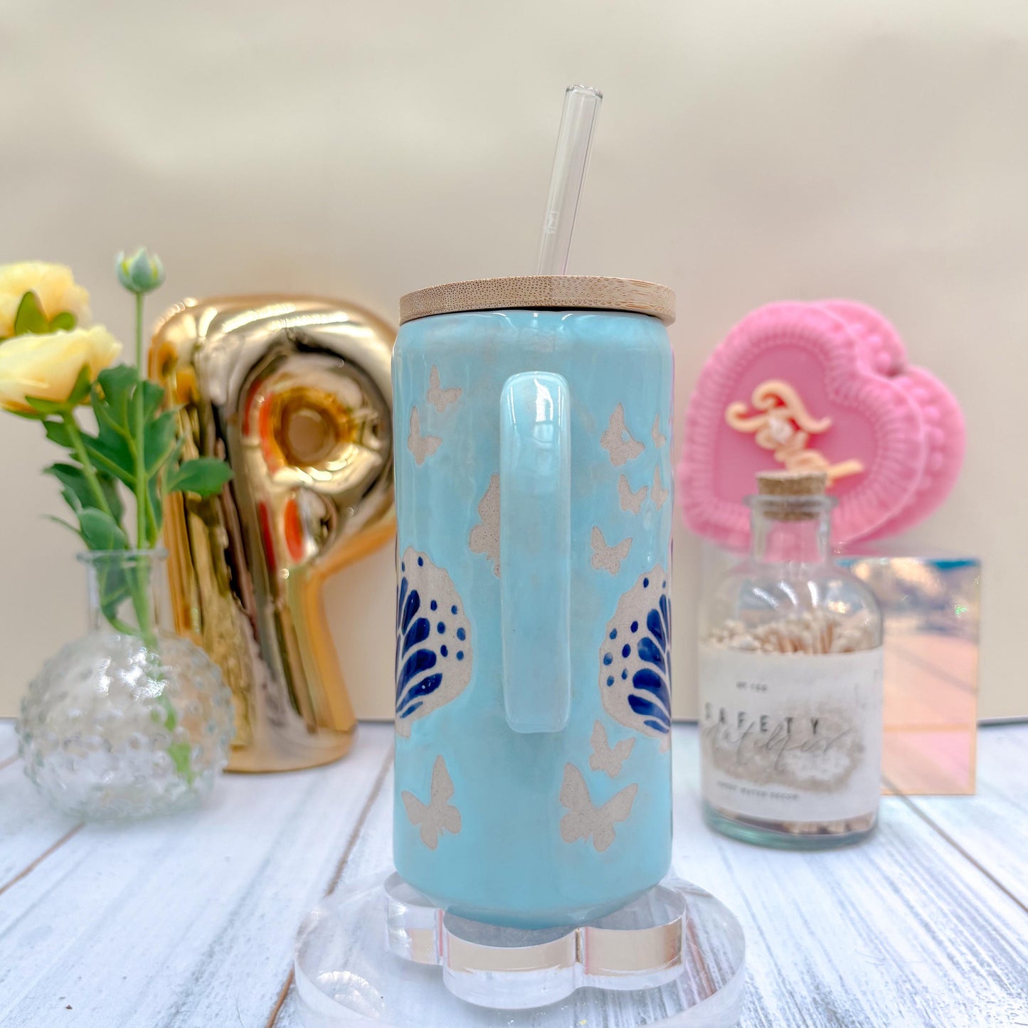 Blue Butterfly Ceramic Tumbler Mug