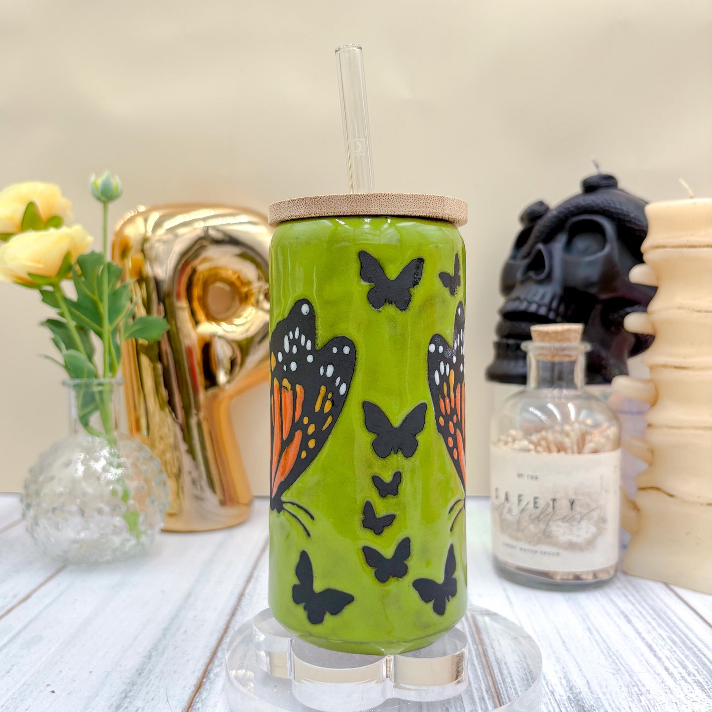 Green Monarch Butterfly Ceramic Tumbler