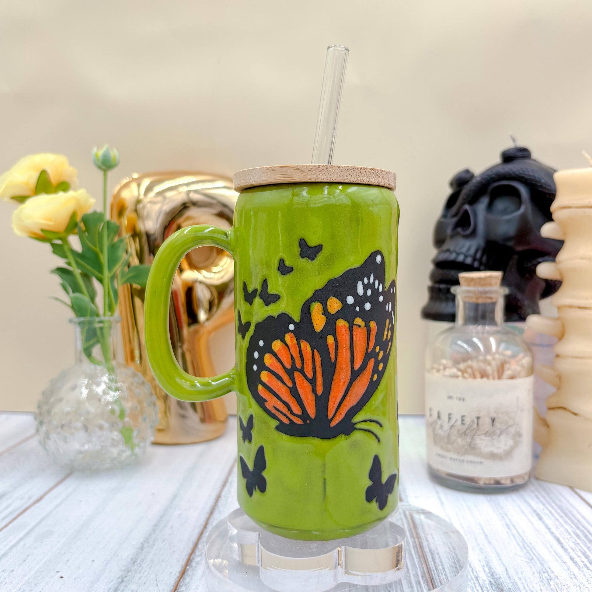 Green Monarch Butterfly Ceramic Tumbler