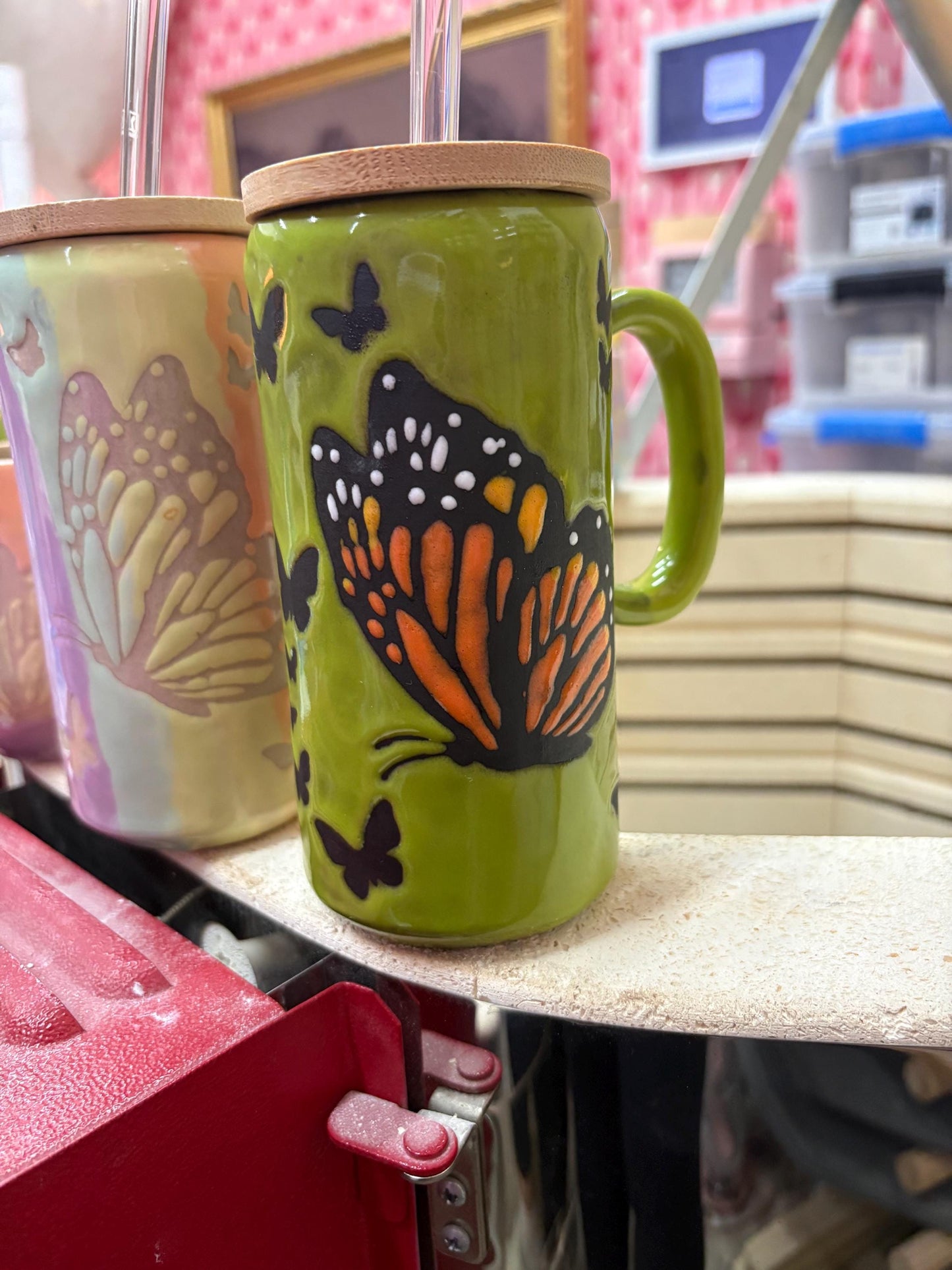 Green Monarch Butterfly Ceramic Tumbler