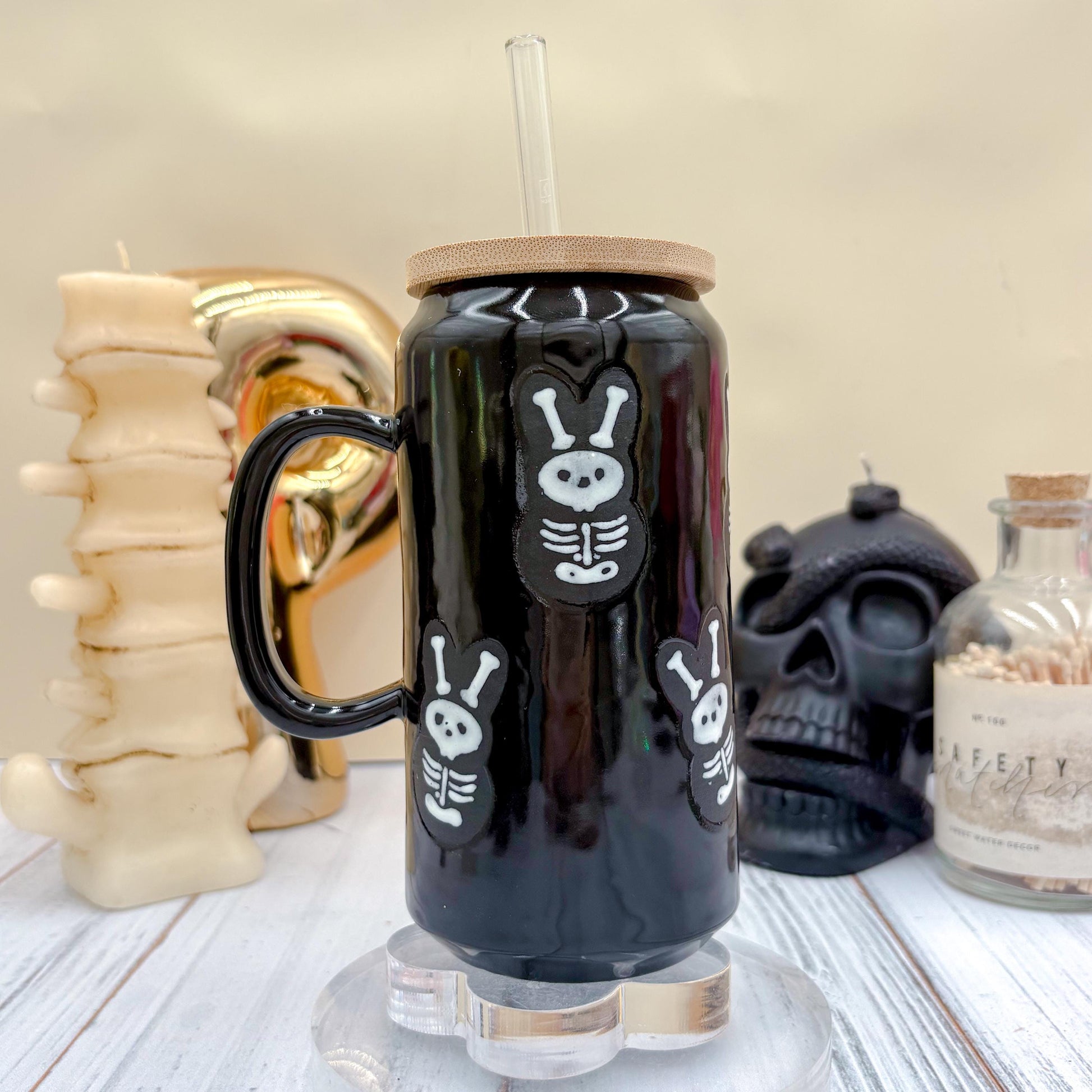 Matte Black Seleton Bunny Ceramic Tumbler