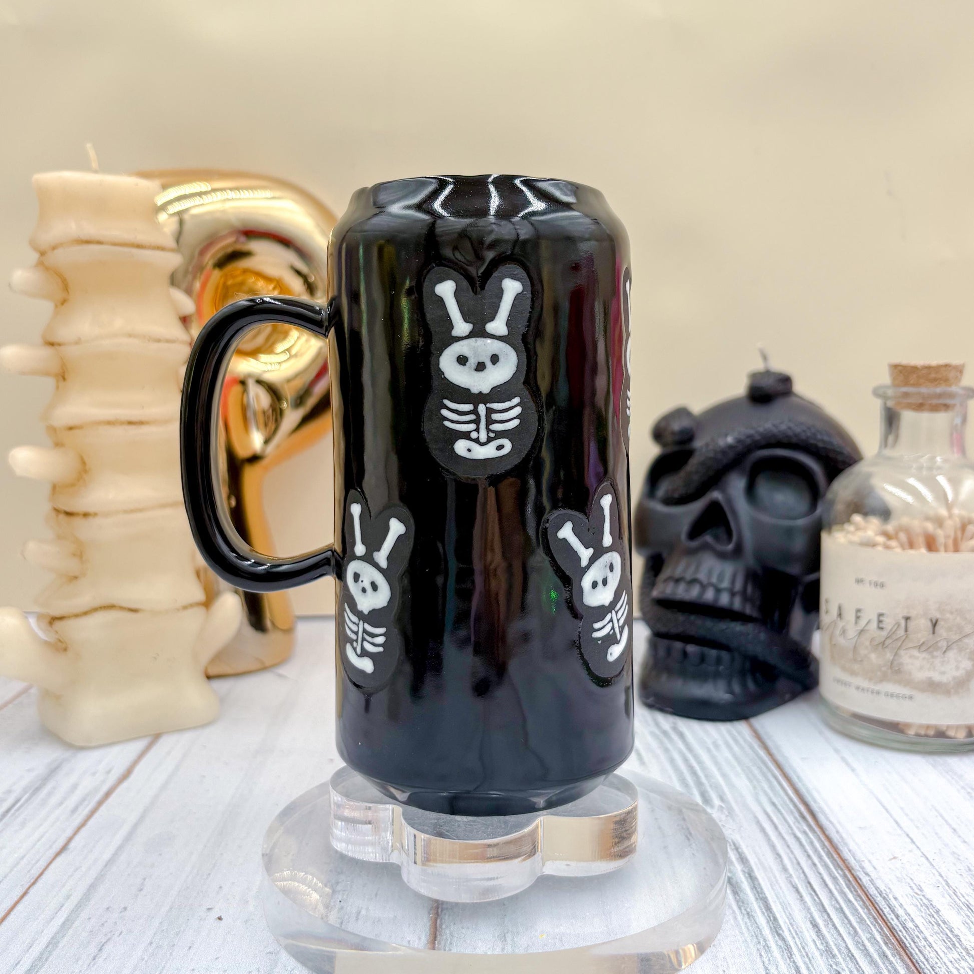 Matte Black Seleton Bunny Ceramic Tumbler